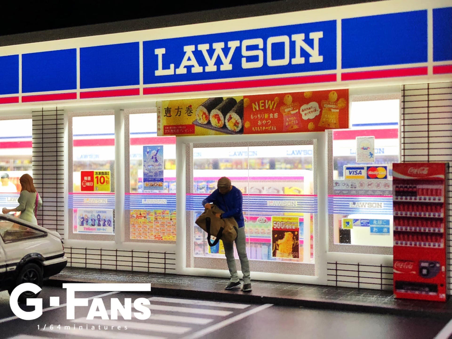 Side angle of Lawson diorama with parking slots and signage