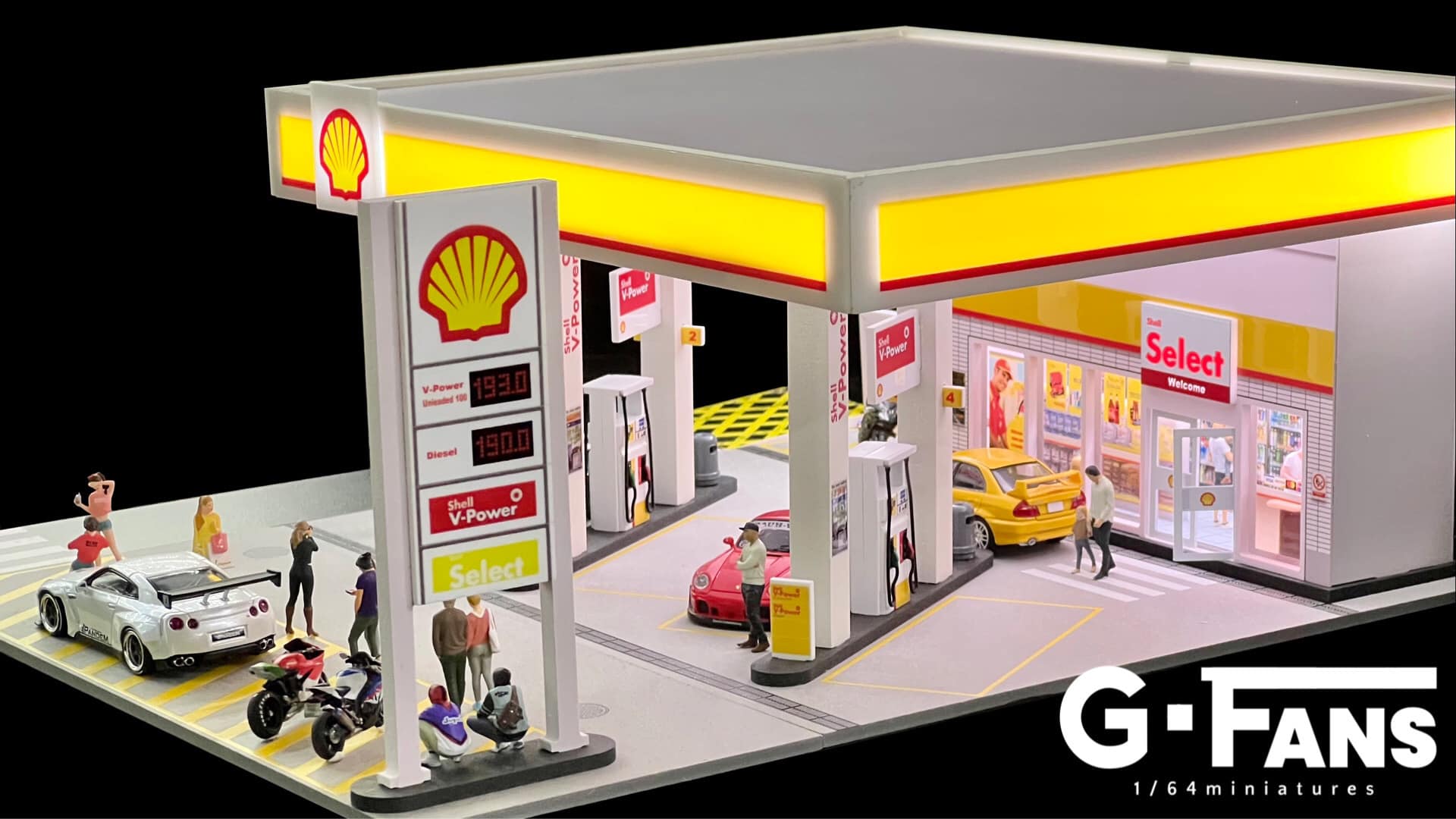 Side-angle close-up of 1:64 scale Shell Petrol Station Diorama