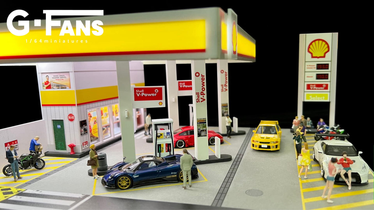 Close-up of fuel pumps at Shell Gas Station Diorama in 1:64 scale