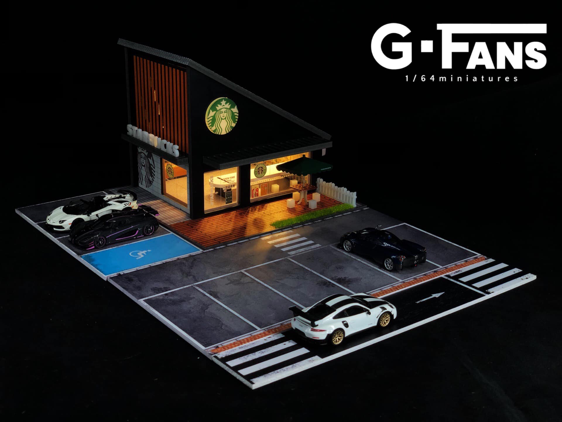 Front view of G-Fans Starbucks diorama with realistic storefront and LED lighting