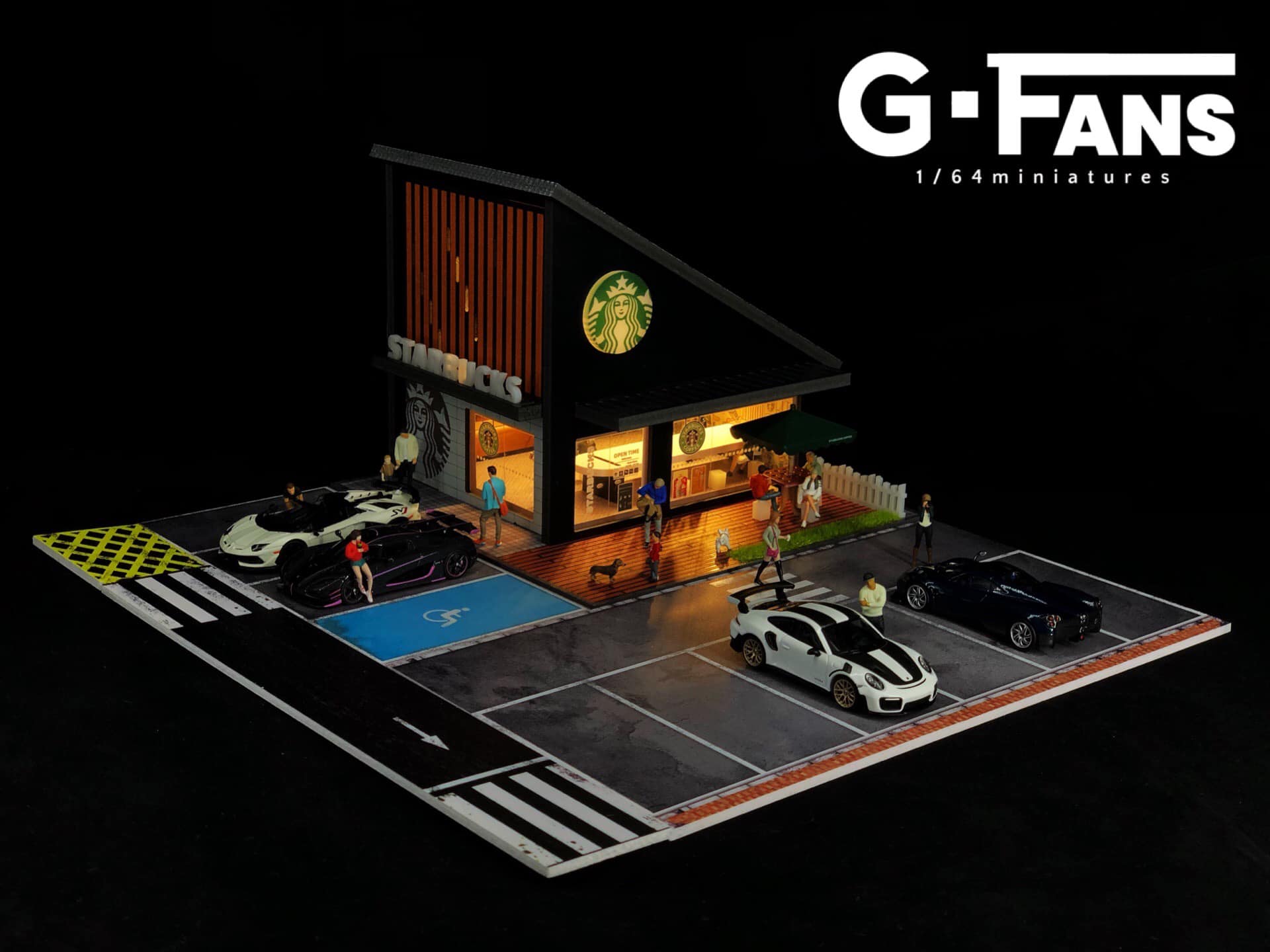 Front view of G-Fans Starbucks diorama with realistic storefront and LED lighting