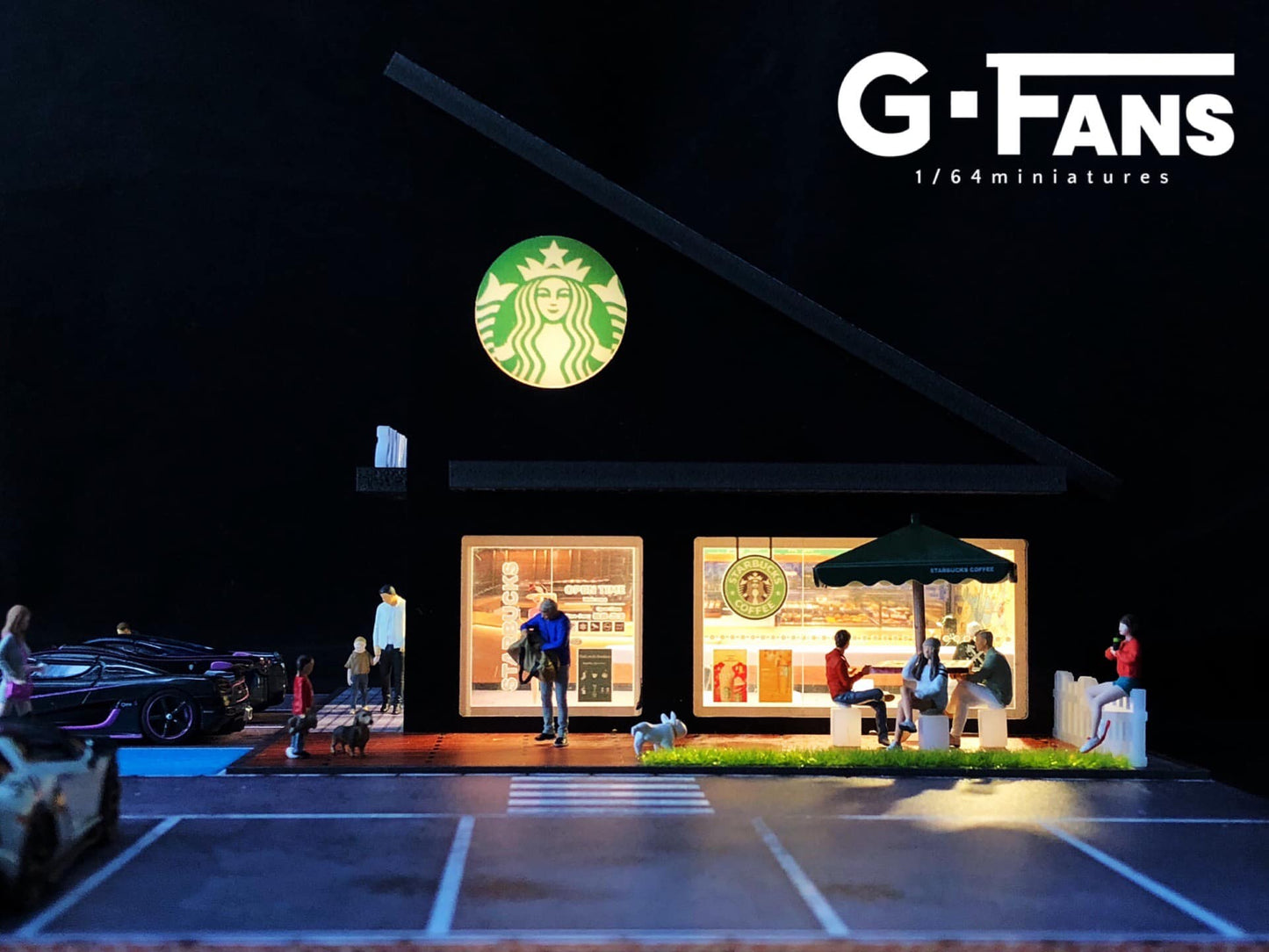 Starbucks diorama LED lights on, powered by USB interface