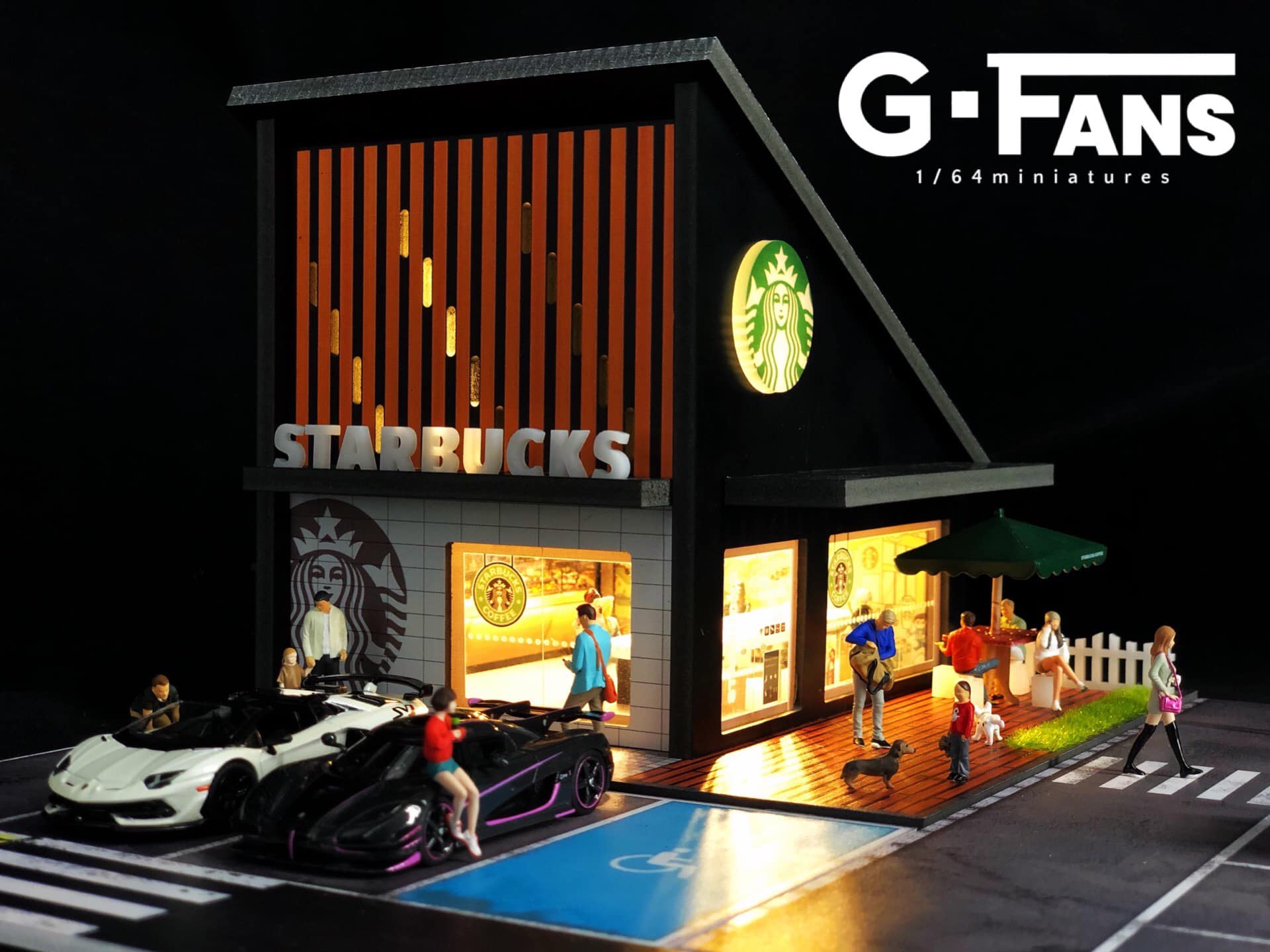 Side angle of 1:64 Starbucks diorama showing coffee shop details