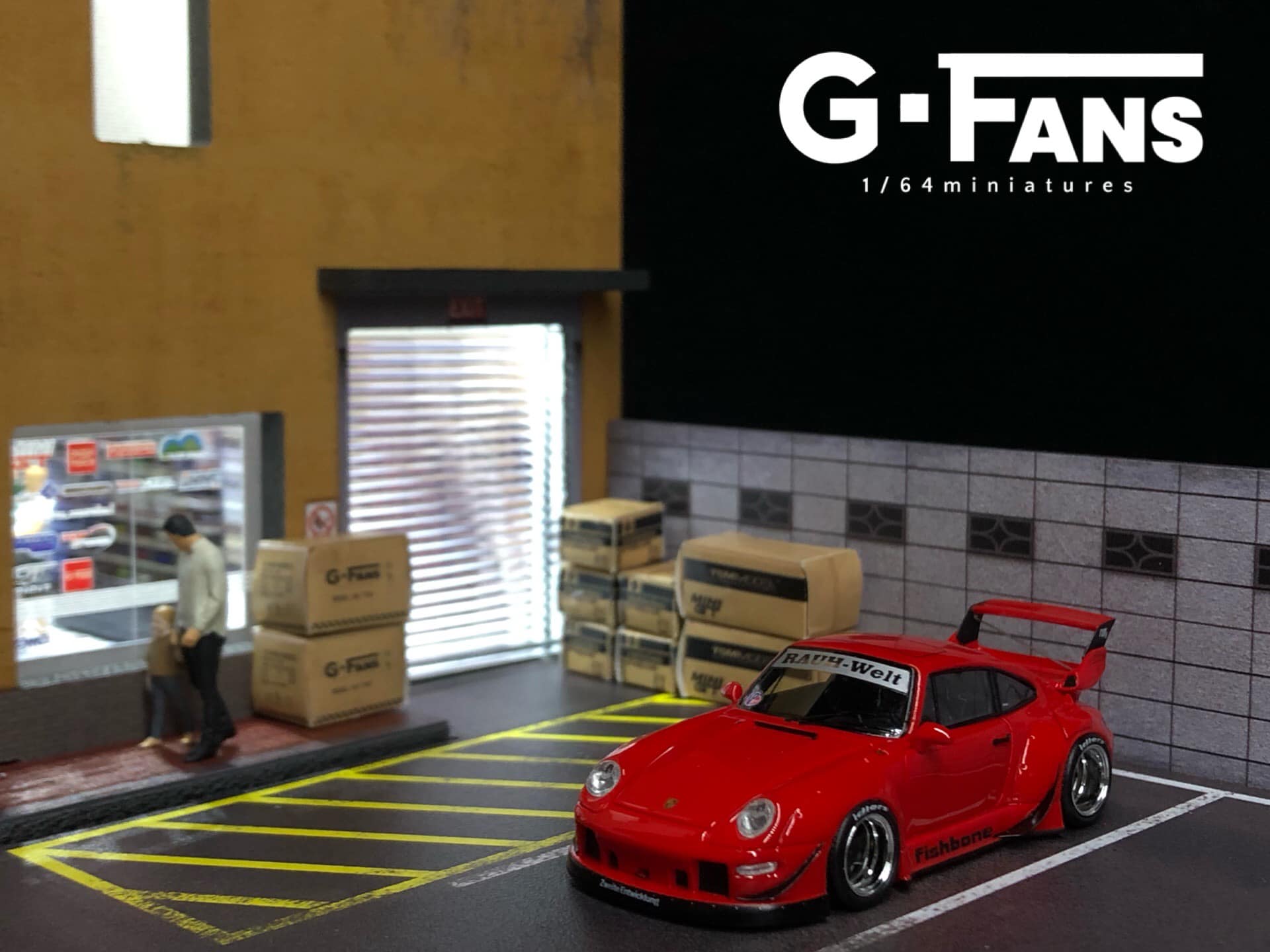 Diecast cars displayed with Japanese car shop diorama by G-Fans