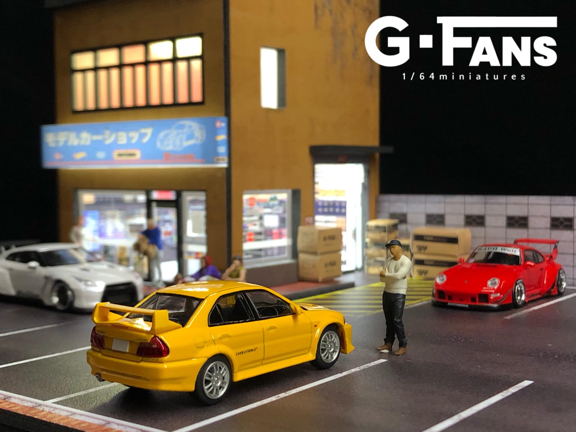 Diecast cars displayed with Japanese car shop diorama by G-Fans