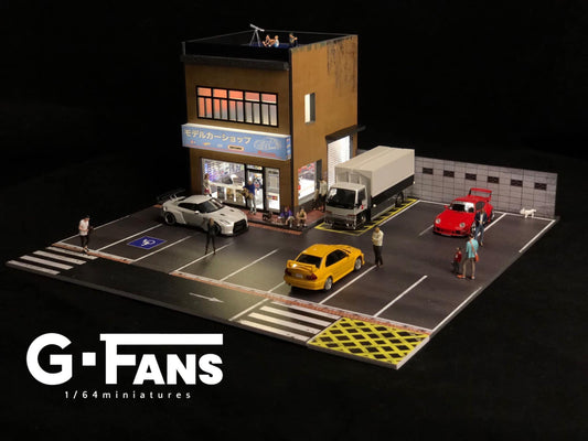 Front view of G-Fans Japanese Model Car Shop Diorama in 1:64 scale