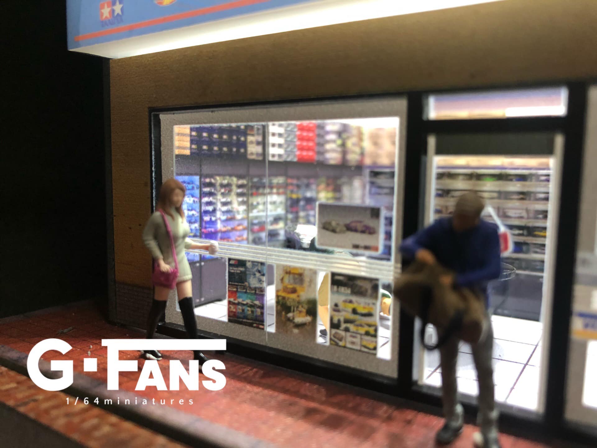 Close up side angle of G-Fans 1:64 Japanese model car store display