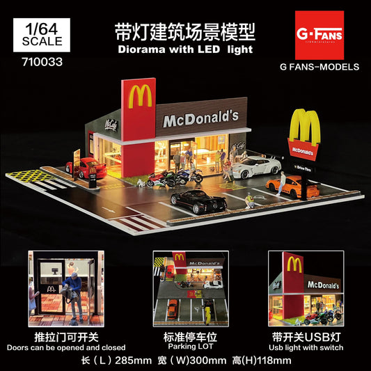 Front view of G-Fans McDonald’s Diorama 1:64 scale with LED lights