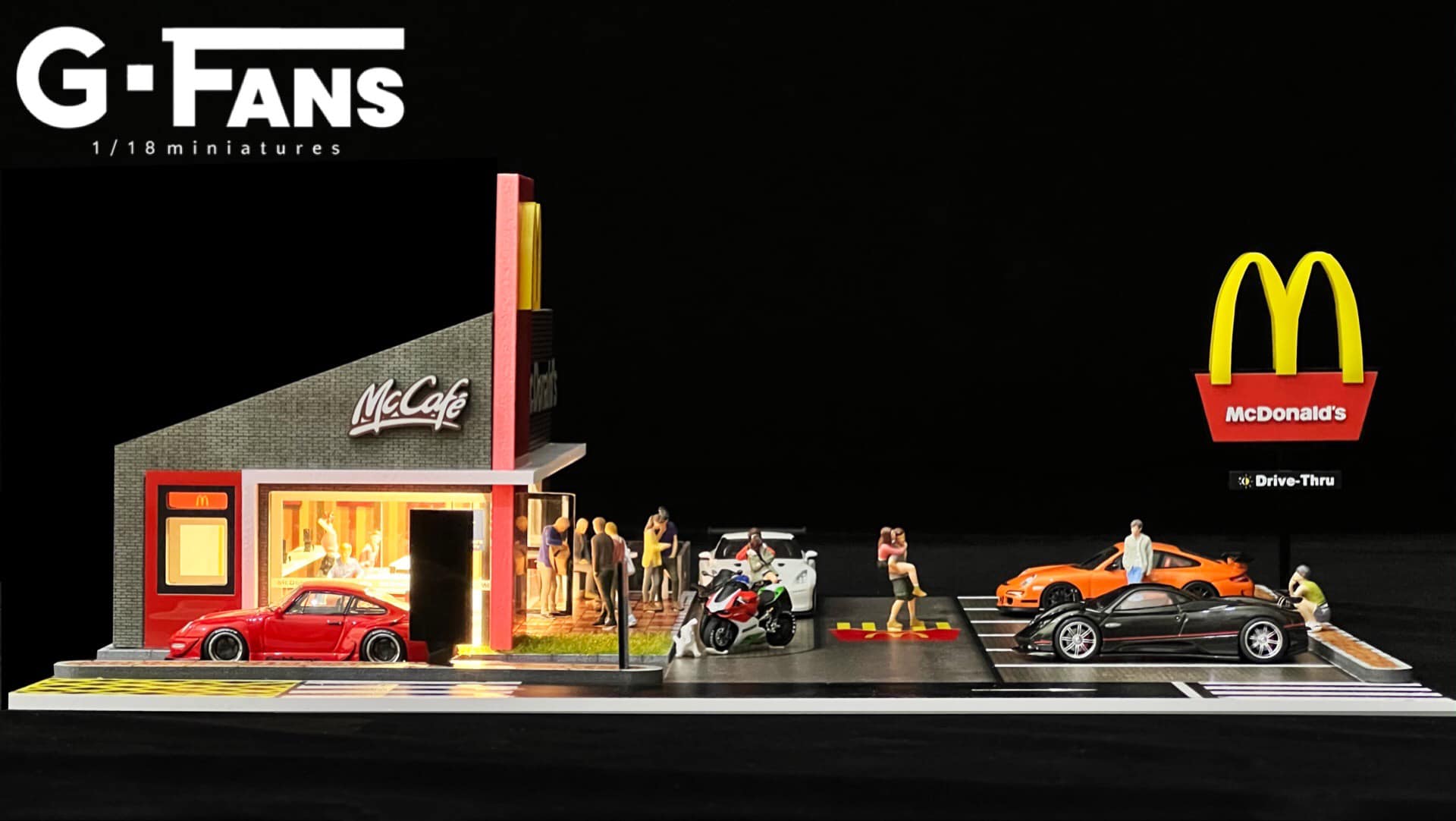 Side angle showcasing McDonald’s 1:64 miniature storefront by G-Fans