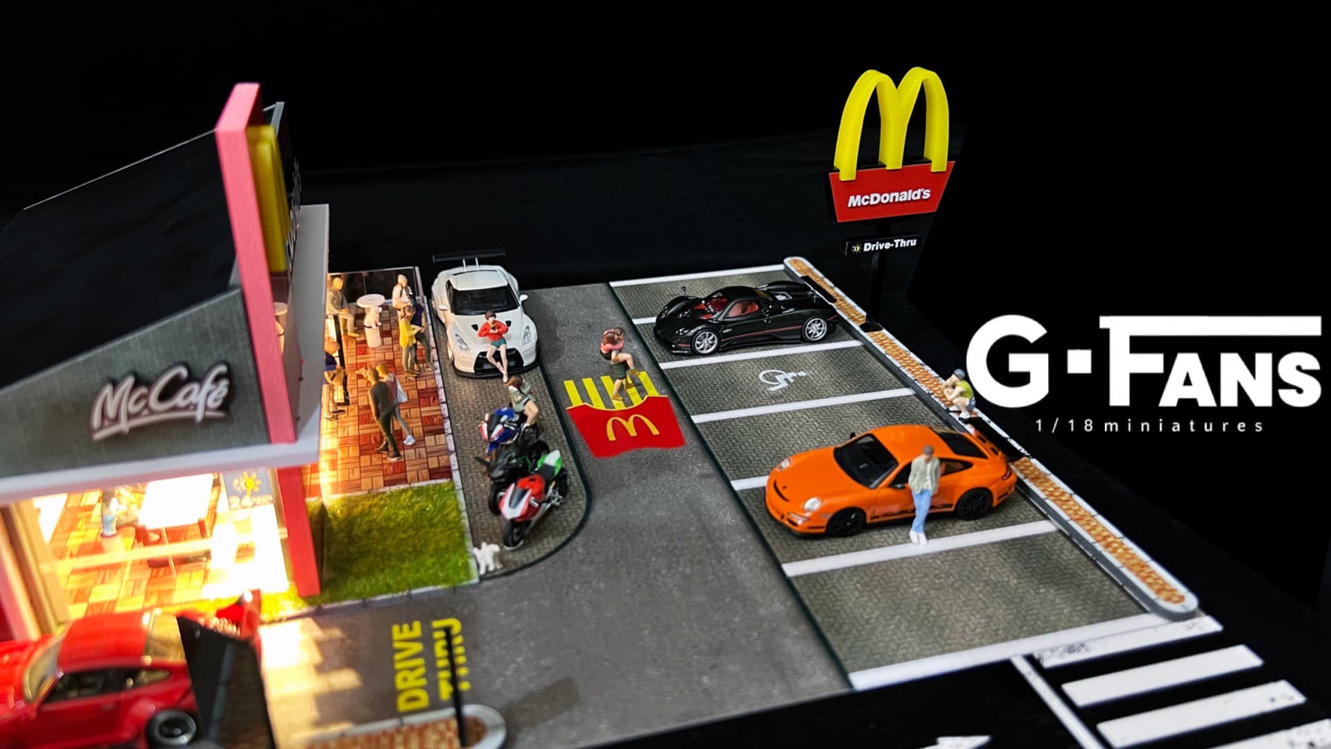 Top-down view of 1:64 G-Fans McDonald’s diorama with parking lot