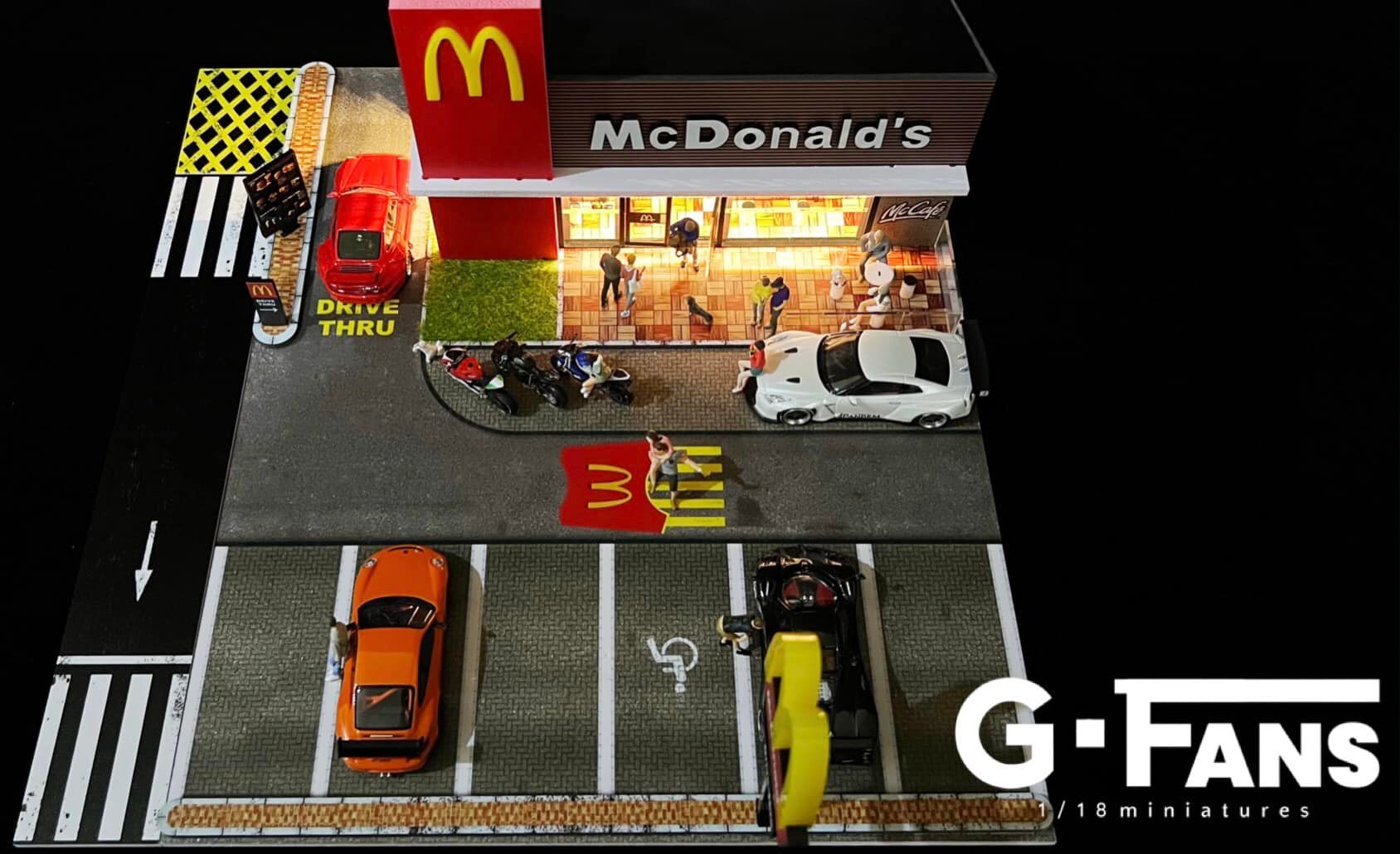 Top-down view of 1:64 G-Fans McDonald’s diorama with parking lot