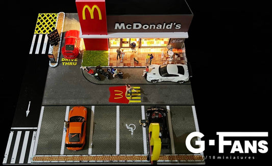 Top-down view of 1:64 G-Fans McDonald’s diorama with parking lot