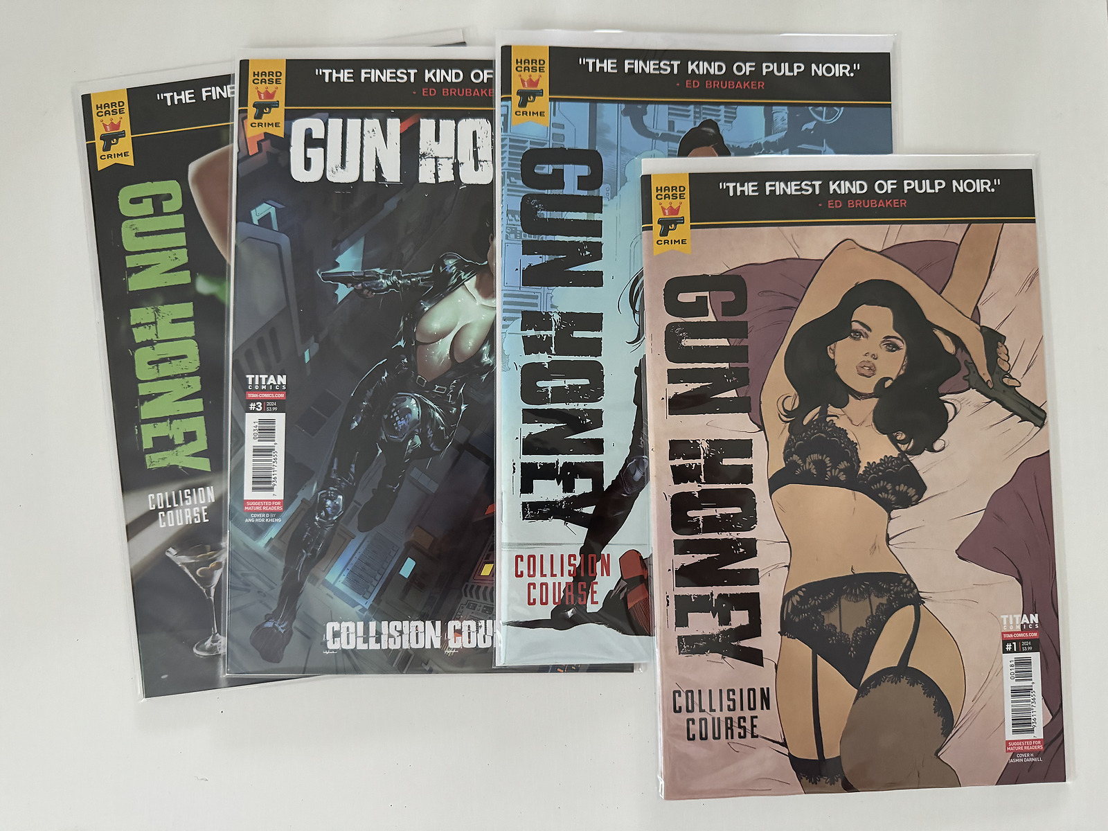 Complete Gun Honey Collision Course comic book set, issues #1 through #4, published in 2024, displayed side by side.