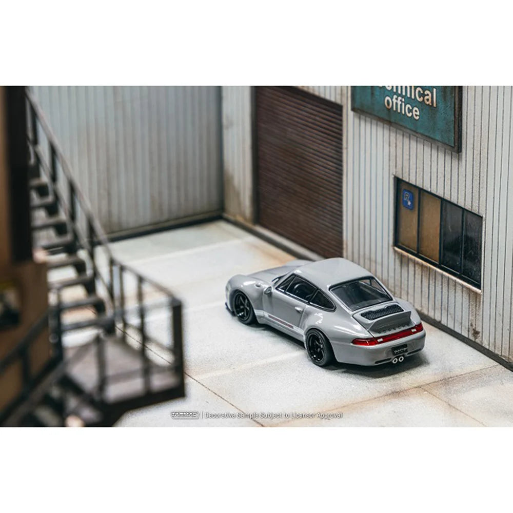 Rear view of Porsche 993 Remastered by Gunther Werks Grey in diorama setup