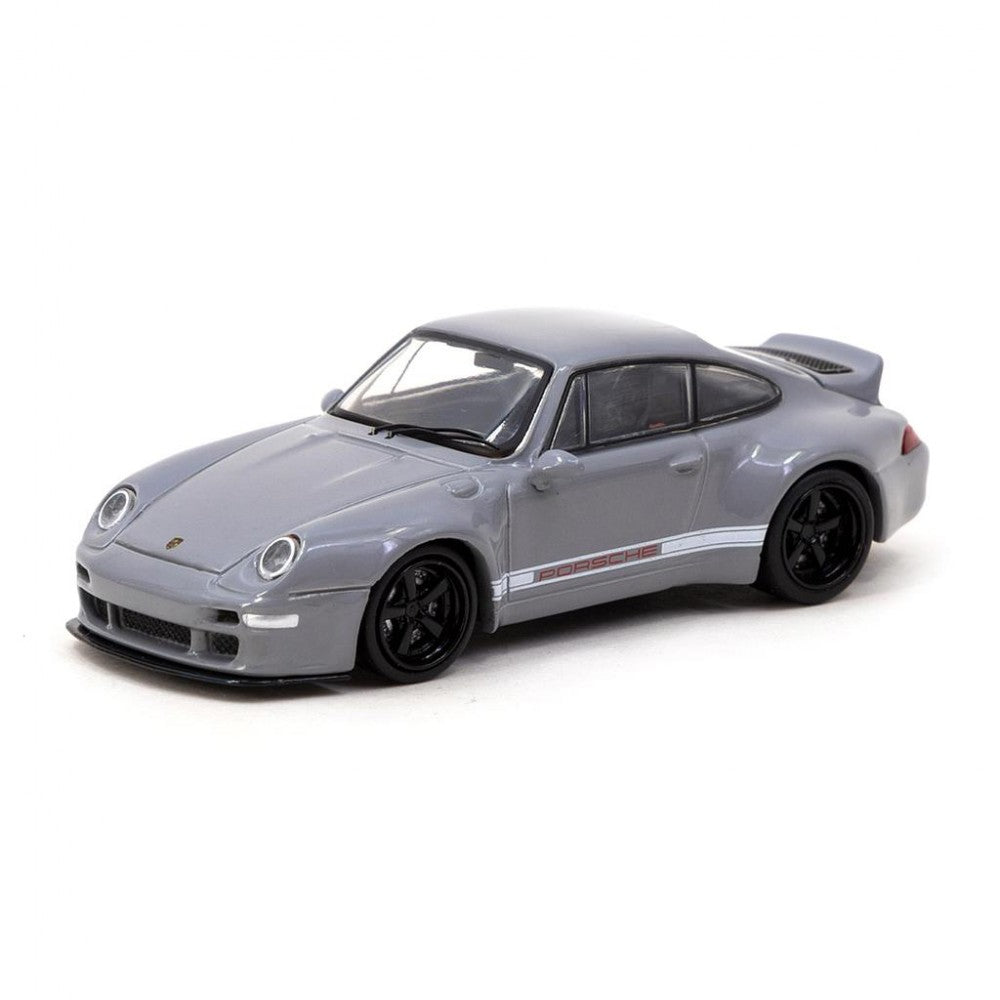 Front angle of Gunther Werks Porsche 993 Grey 1:64 on display