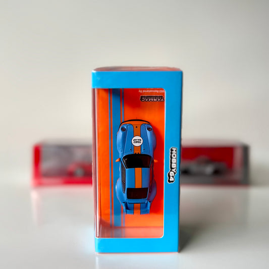Top-down view of Porsche 993 Gunther Werks Blue & Orange in box – 1:64 scale