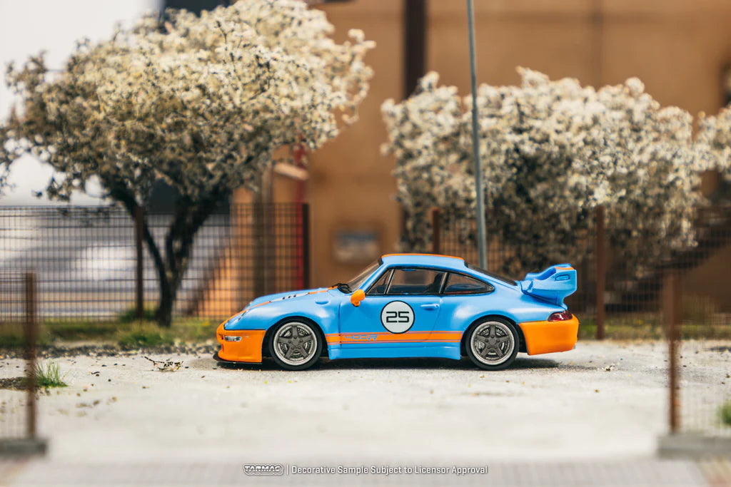 Porsche 993 Gunther Werks Blue & Orange 1:64 model in diorama setup for display