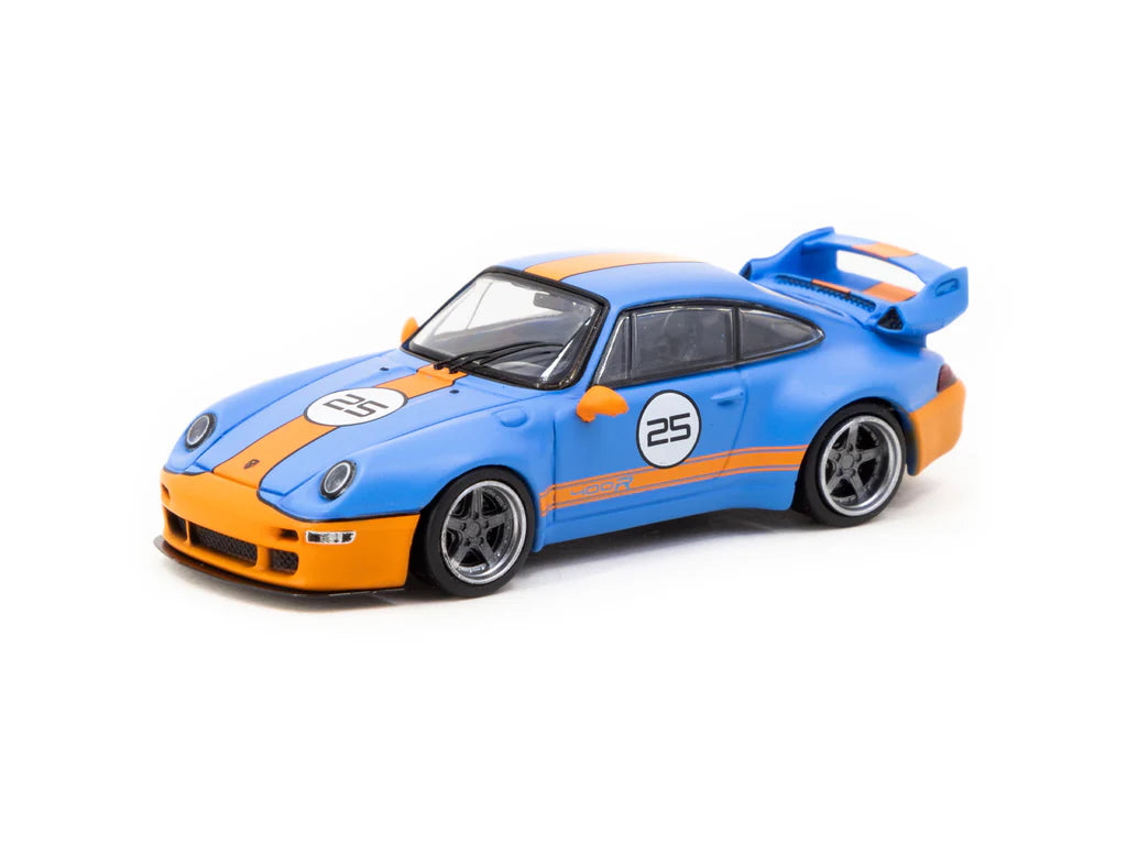 Front angle of Porsche 993 Remastered Blue & Orange diecast model out of box