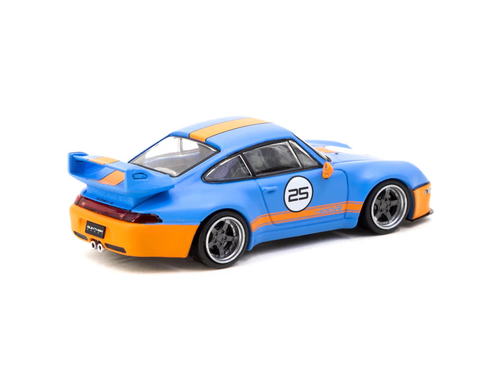 Rear angle of Porsche 993 Remastered Blue & Orange diecast model out of box