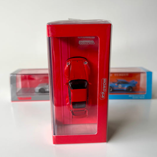Top view of boxed Porsche 993 Gunther Werks Red 1:64 model by Tarmac Works