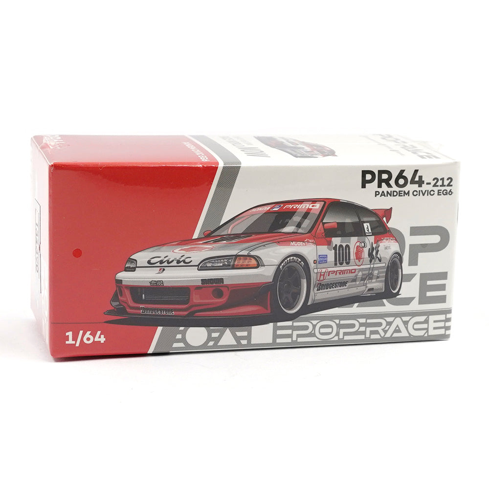 Honda Civic Pandem EG6 Idemitsu Motion Infinite 1:64 diecast model by Pop Race, front boxed view