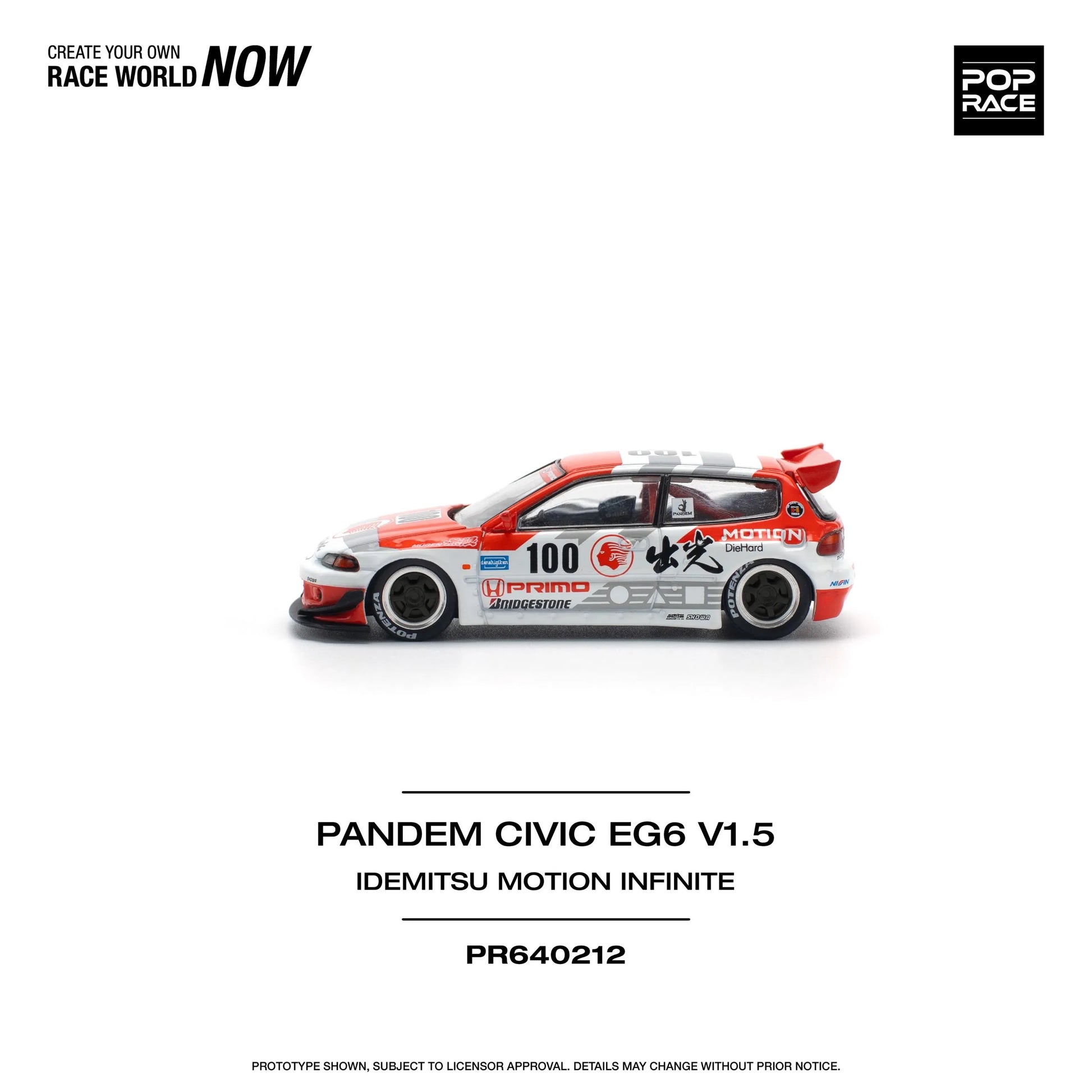 Front-right angled view of 1:64 Honda Civic EG6 Pandem Idemitsu diecast model