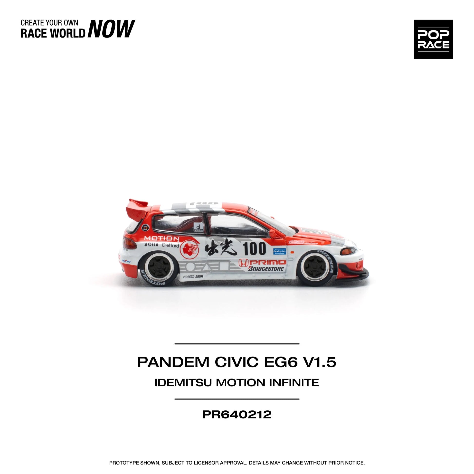 Front-right angled view of 1:64 Honda Civic EG6 Pandem Idemitsu diecast model