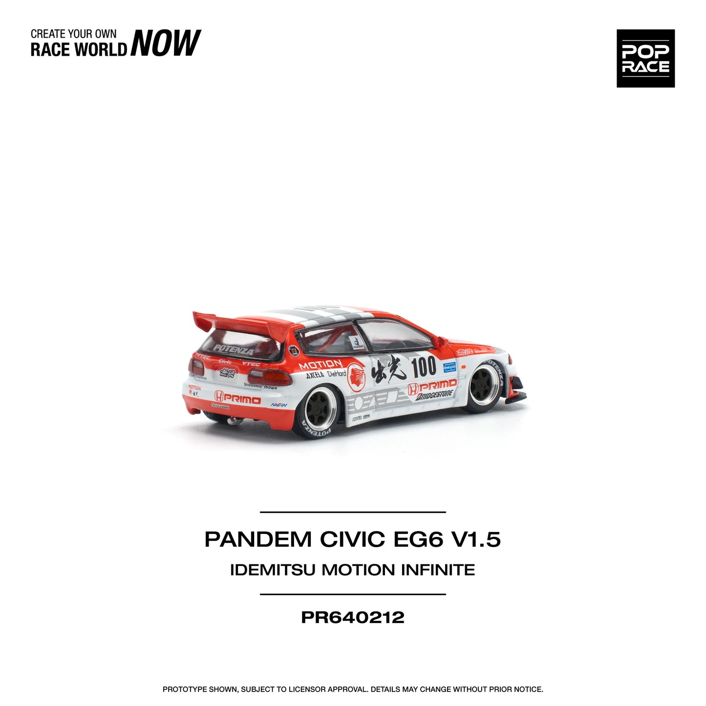 Front-right angled view of 1:64 Honda Civic EG6 Pandem Idemitsu diecast model