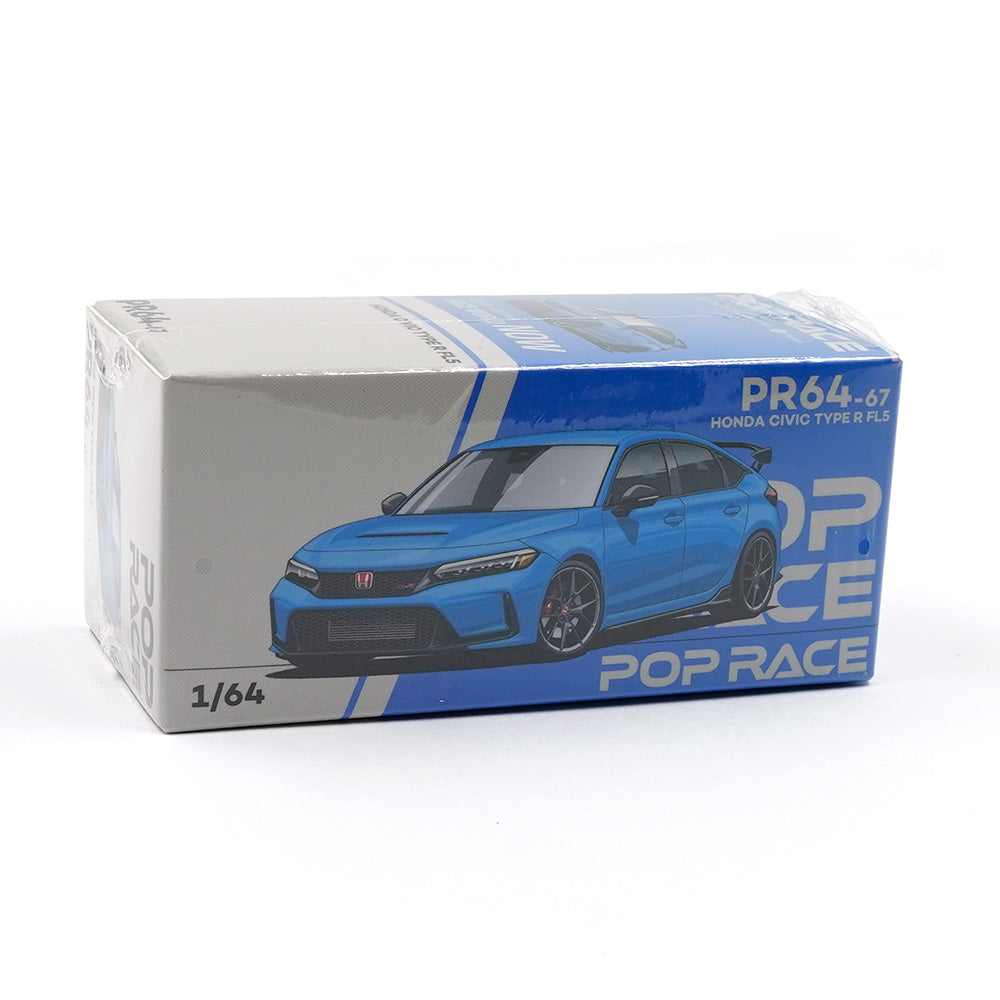 Honda Civic Type-R FL5 Boost Blue Pearl 1:64 diecast model by Pop Race, front boxed view