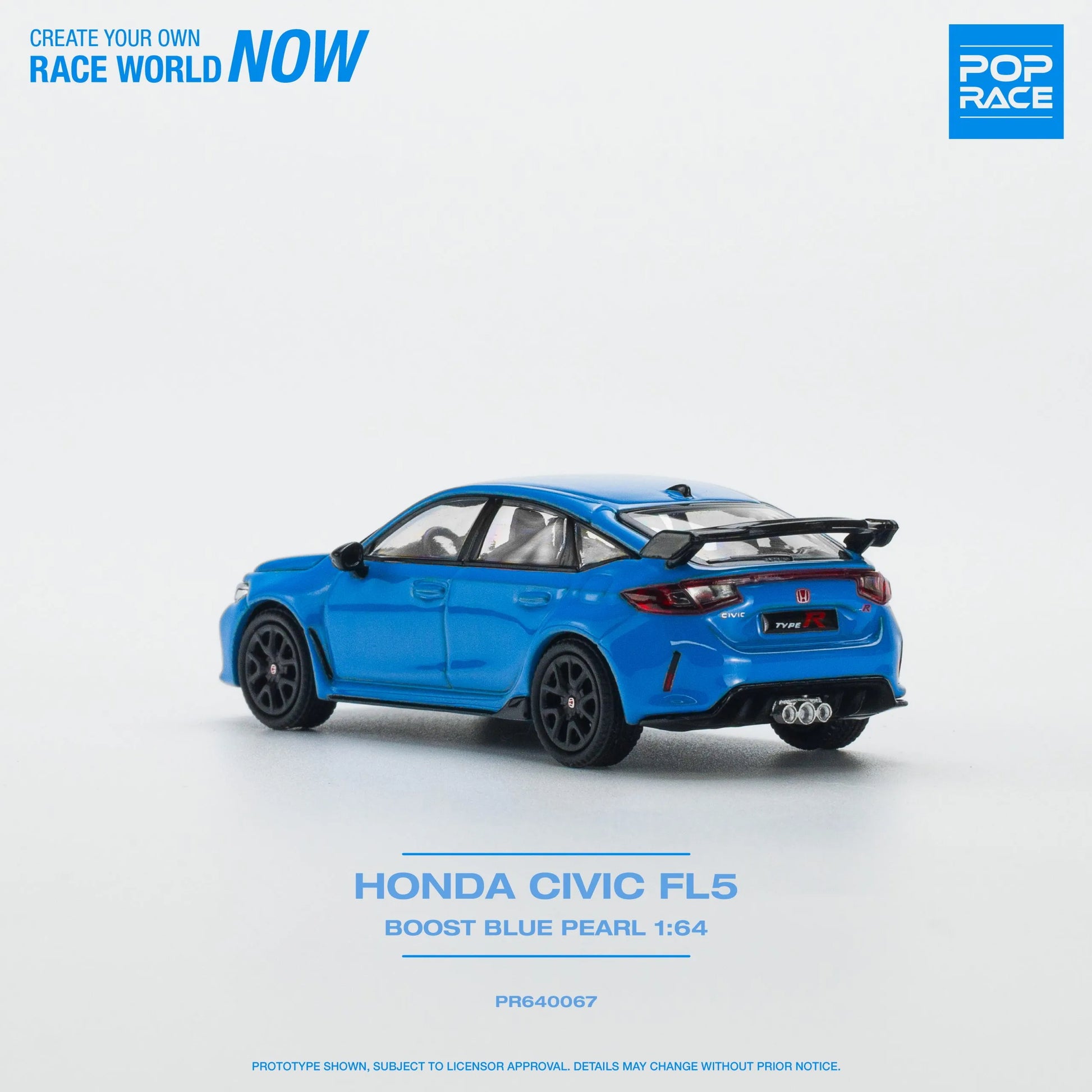 Rear view of Honda Civic Type-R FL5 Boost Blue Pearl diecast model in 1:64 scale