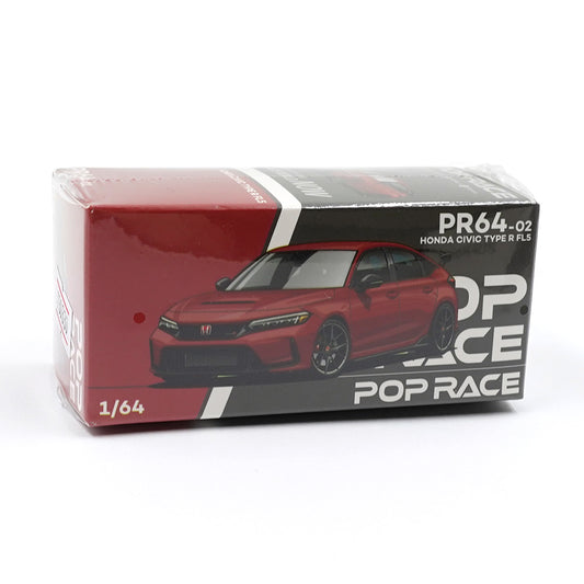 Honda Civic Type-R FL5 Rallye Red 1:64 diecast model by Pop Race, front boxed view