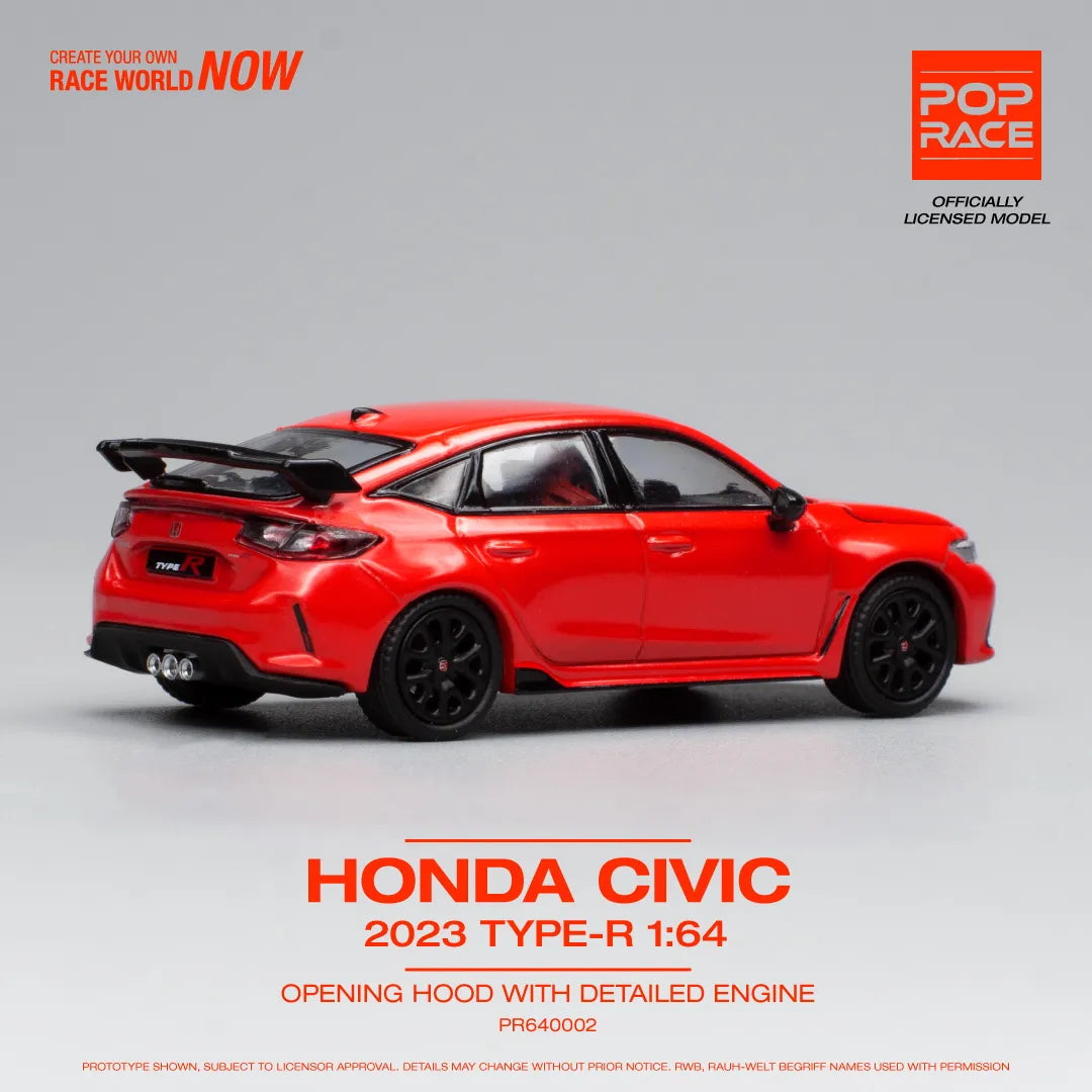 Rear view of Honda Civic Type-R FL5 Rallye Red model by Pop Race in 1:64 scale