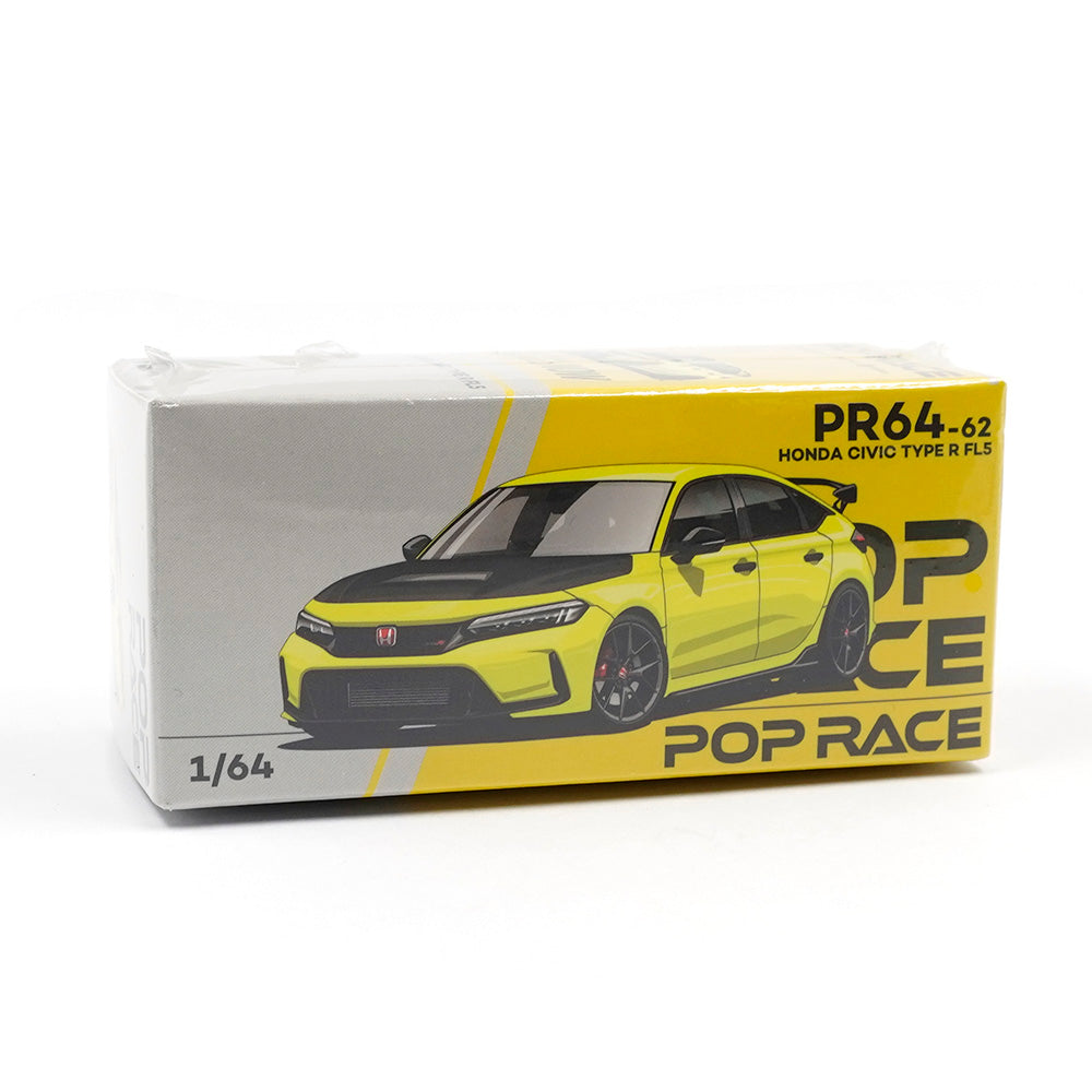 Honda Civic Type-R FL5 Yellow 1:64 diecast model by Pop Race, front view in box