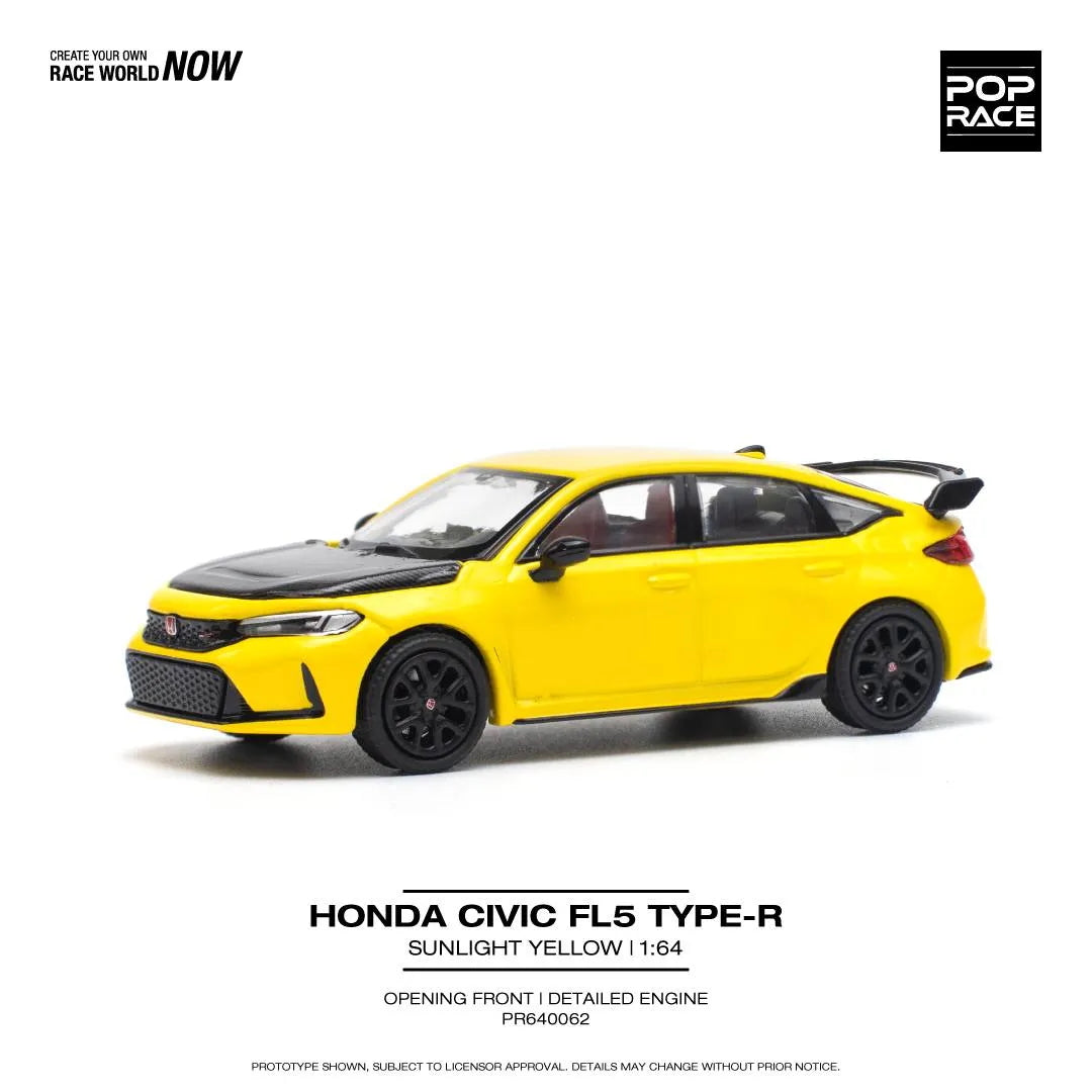 Front-left angle of Honda Civic Type-R FL5 Yellow 1:64 Pop Race diecast model