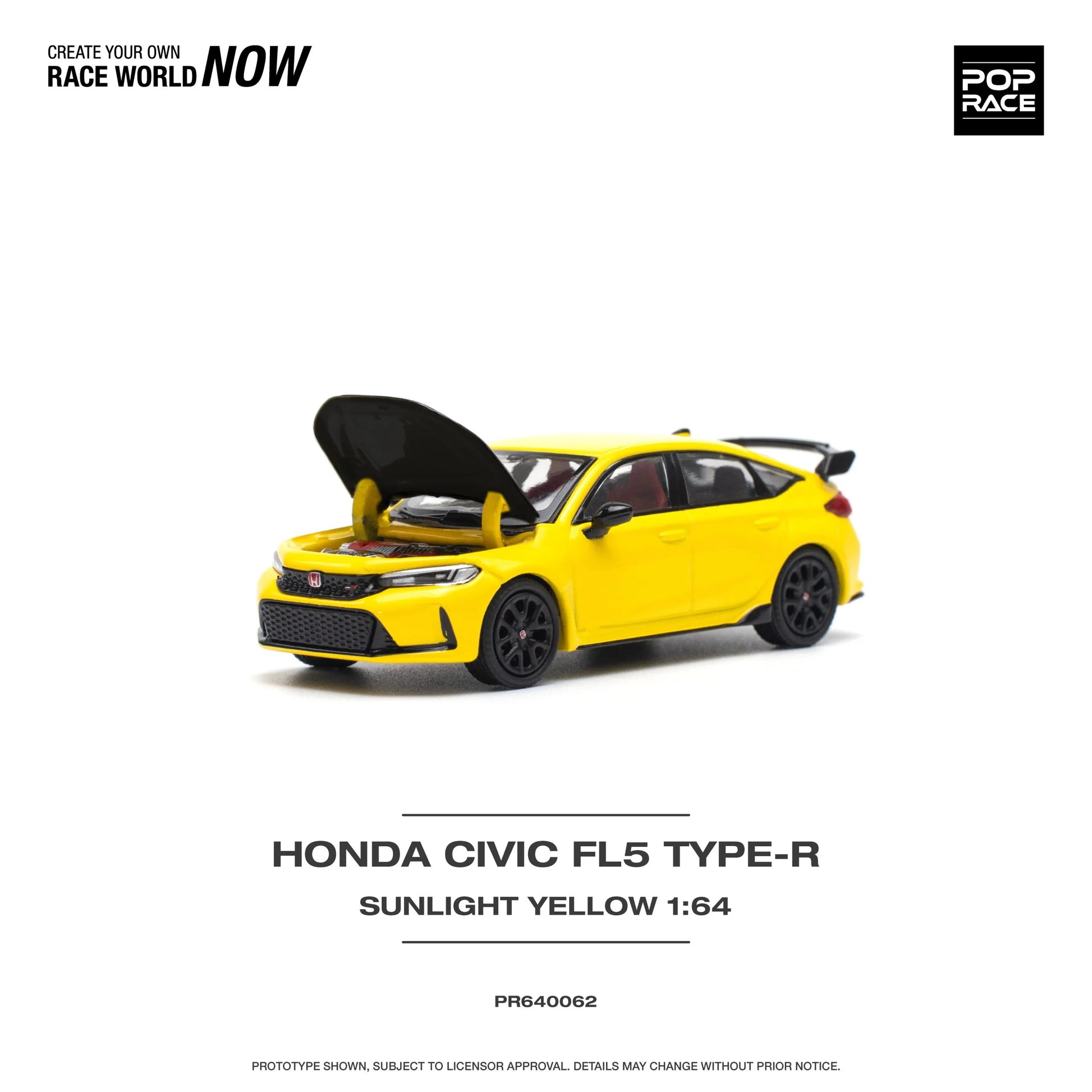 Front view of Honda Civic Type-R FL5 Yellow 1:64 diecast model out of box