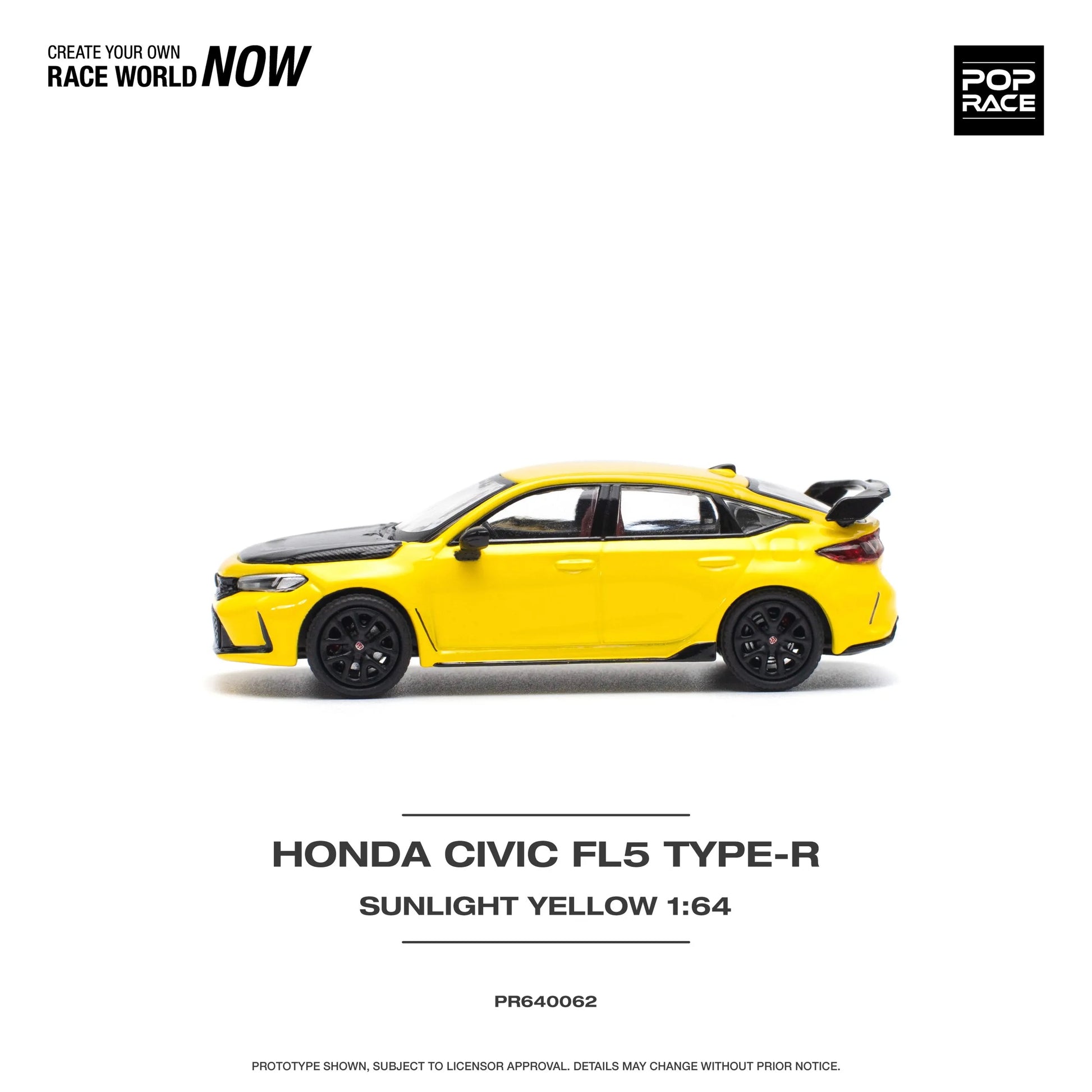 Left side of Honda Civic Type-R FL5 Yellow 1:64 diecast model by Pop Race