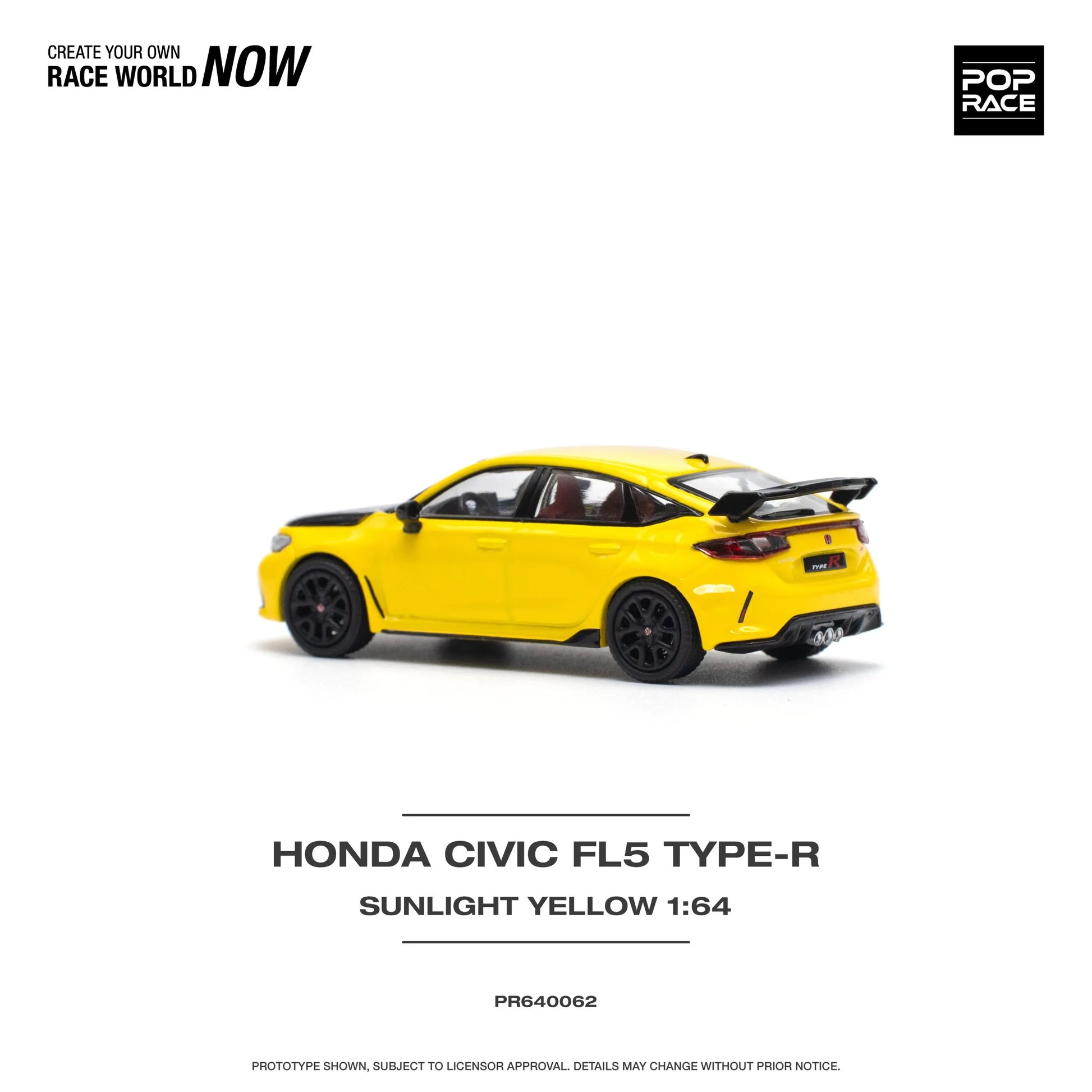Rear view of Honda Civic Type-R FL5 Yellow diecast model in 1:64 scale