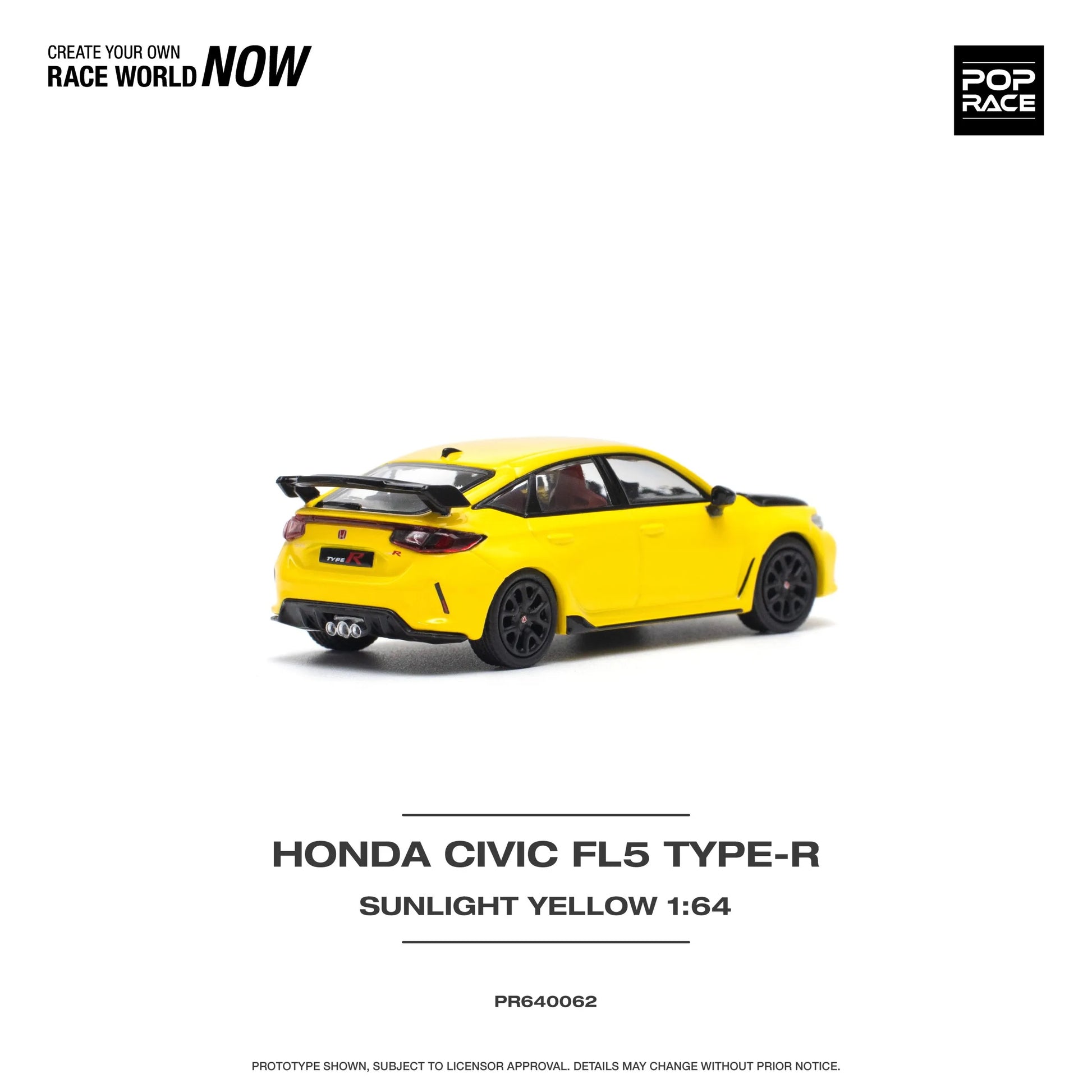 Rear view of Honda Civic Type-R FL5 Yellow diecast model in 1:64 scale