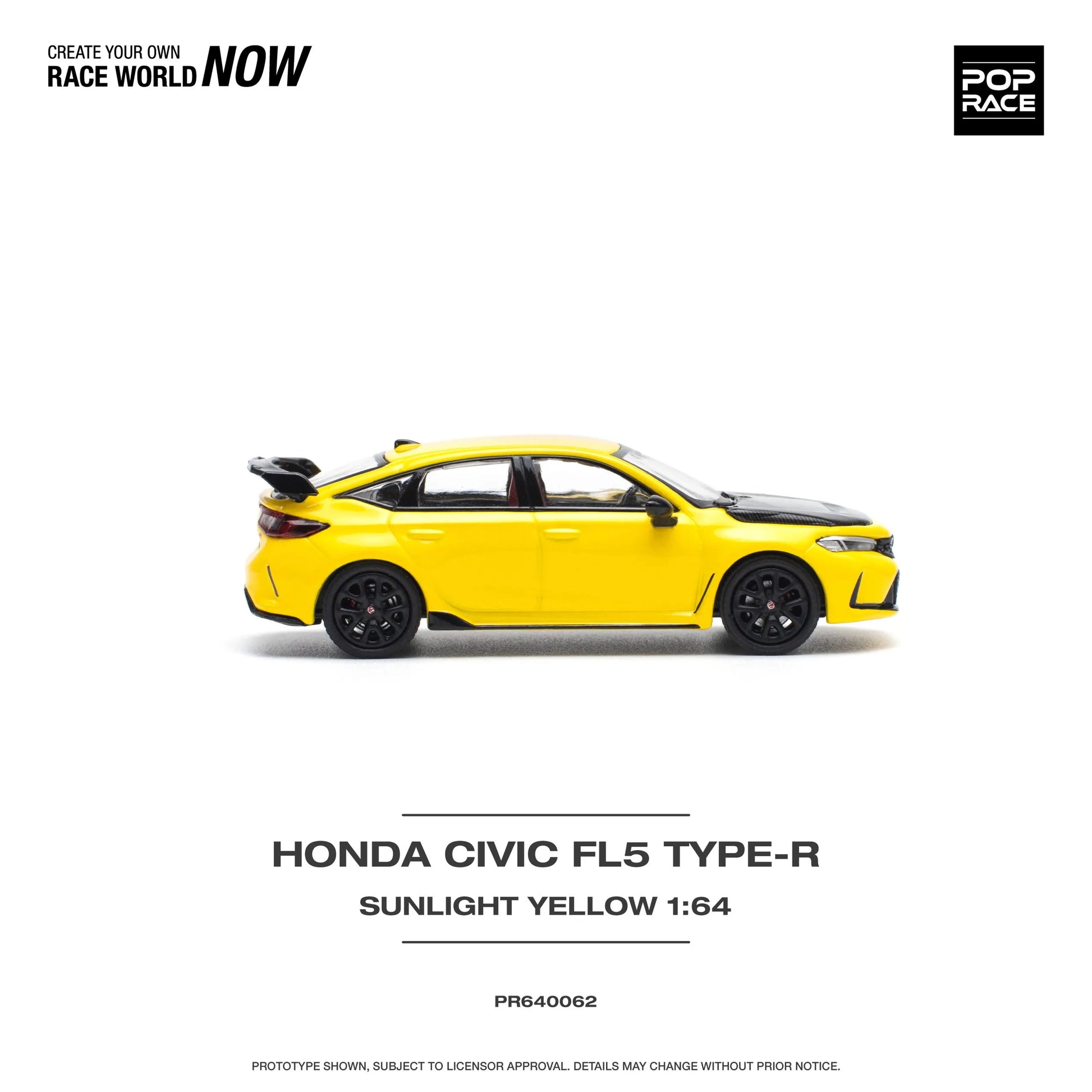 Right side profile of Honda Civic Type-R FL5 Yellow 1:64 scale model