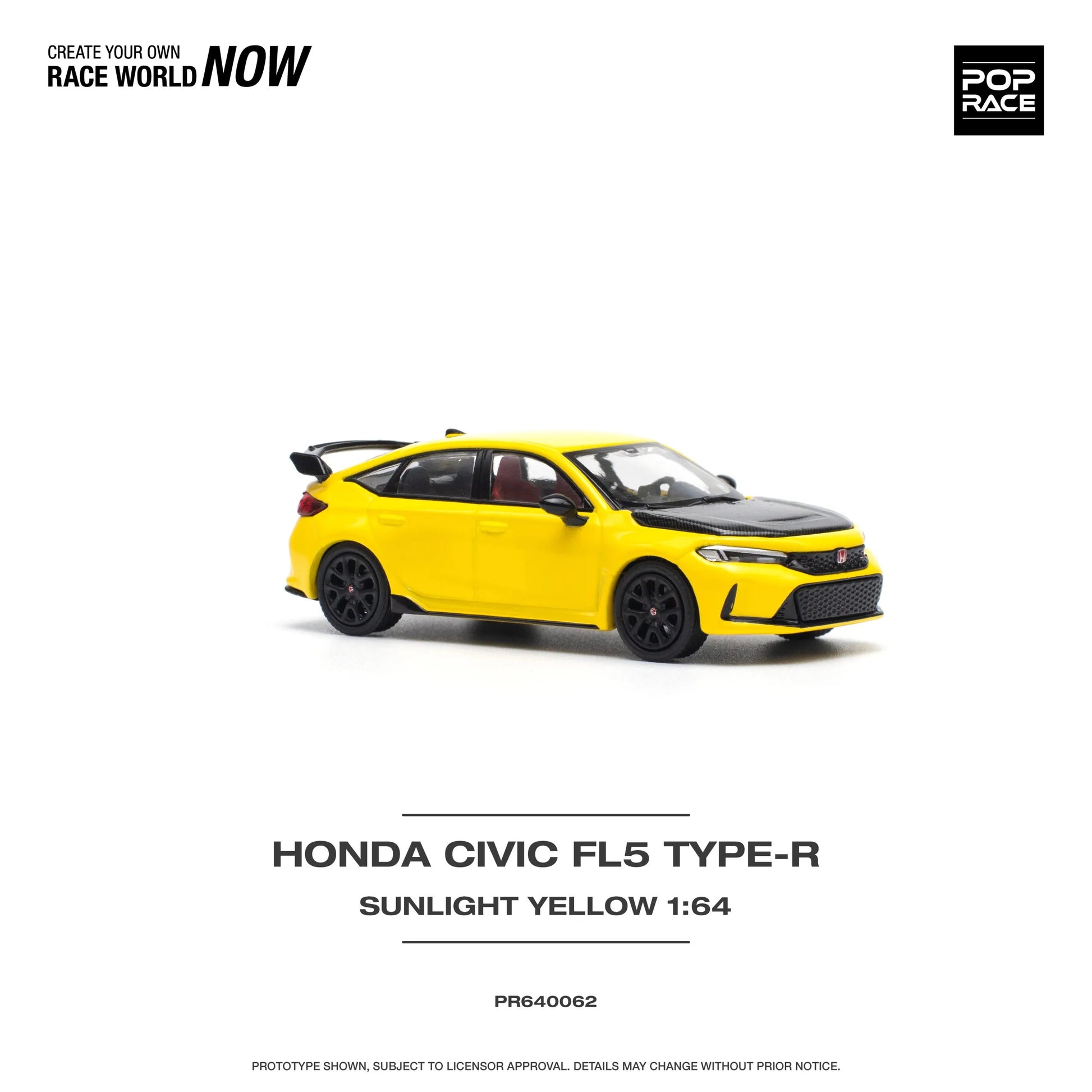 Right side profile of Honda Civic Type-R FL5 Yellow 1:64 scale model