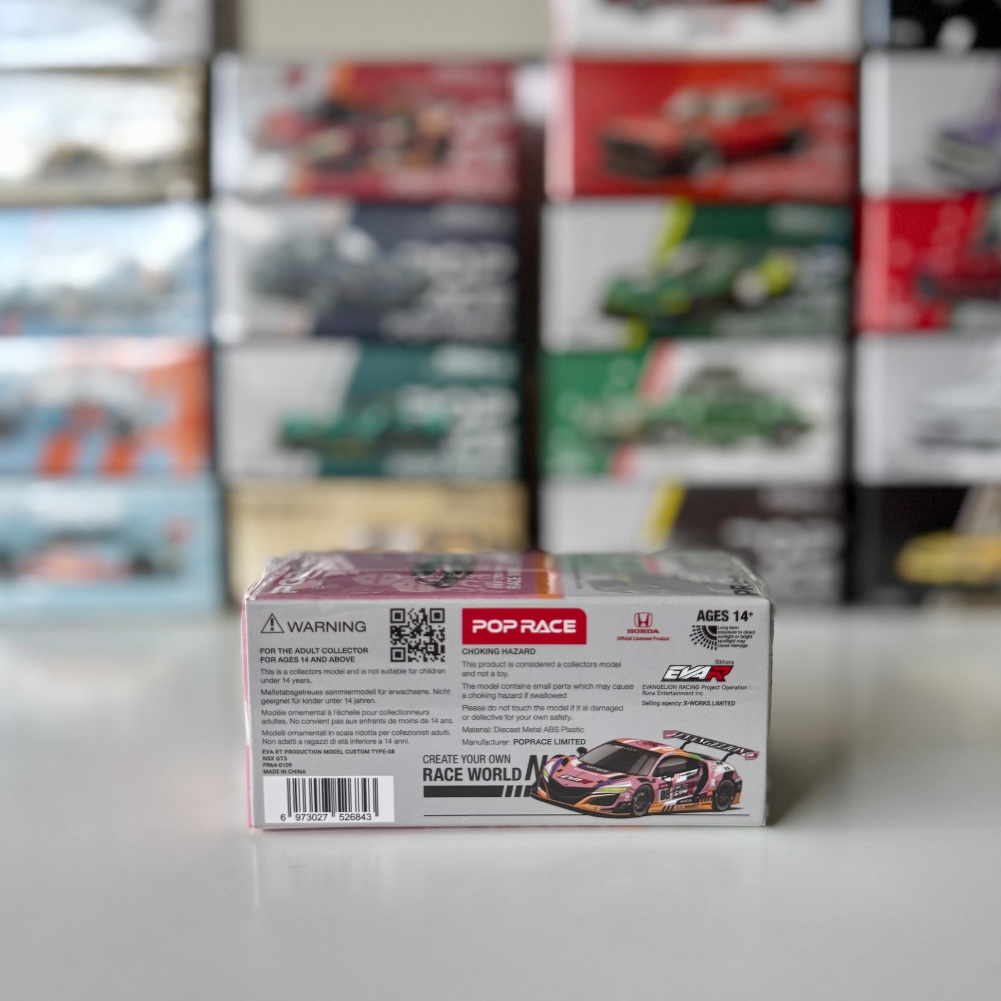 Rear angle of Pop Race Honda NSX EVA RT diecast in GT3 spec