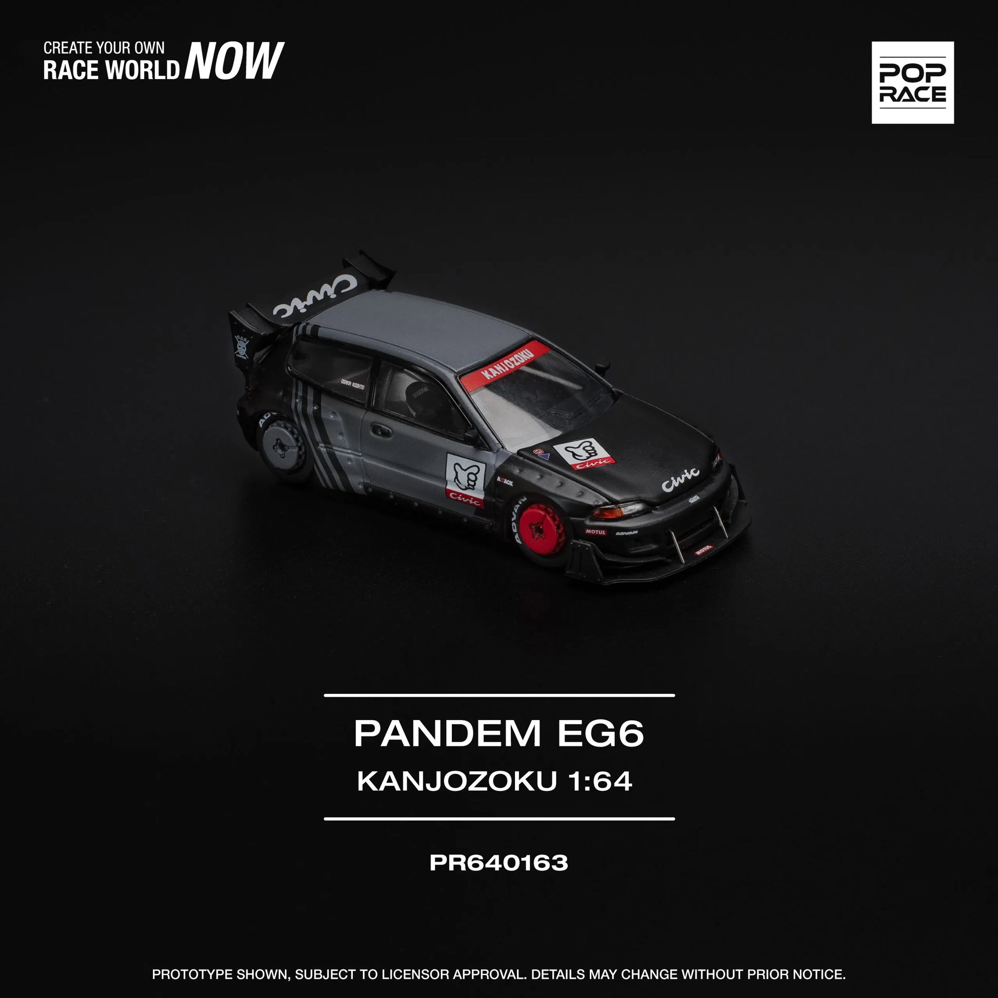 Front angle of unboxed Honda Pandem Civic EG6 Kanjozoku diecast by Pop Race