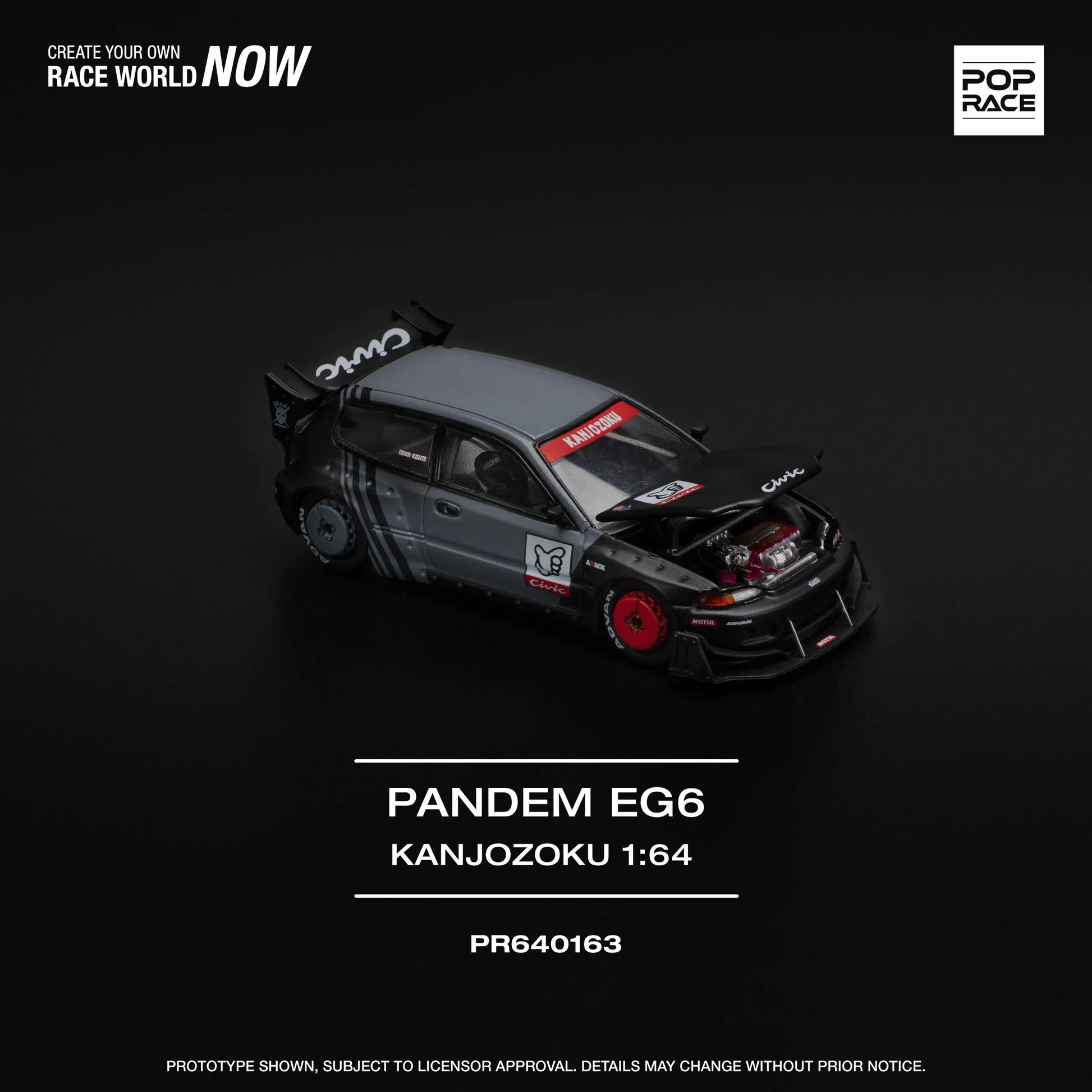 Front angle of unboxed Honda Pandem Civic EG6 Kanjozoku diecast by Pop Race