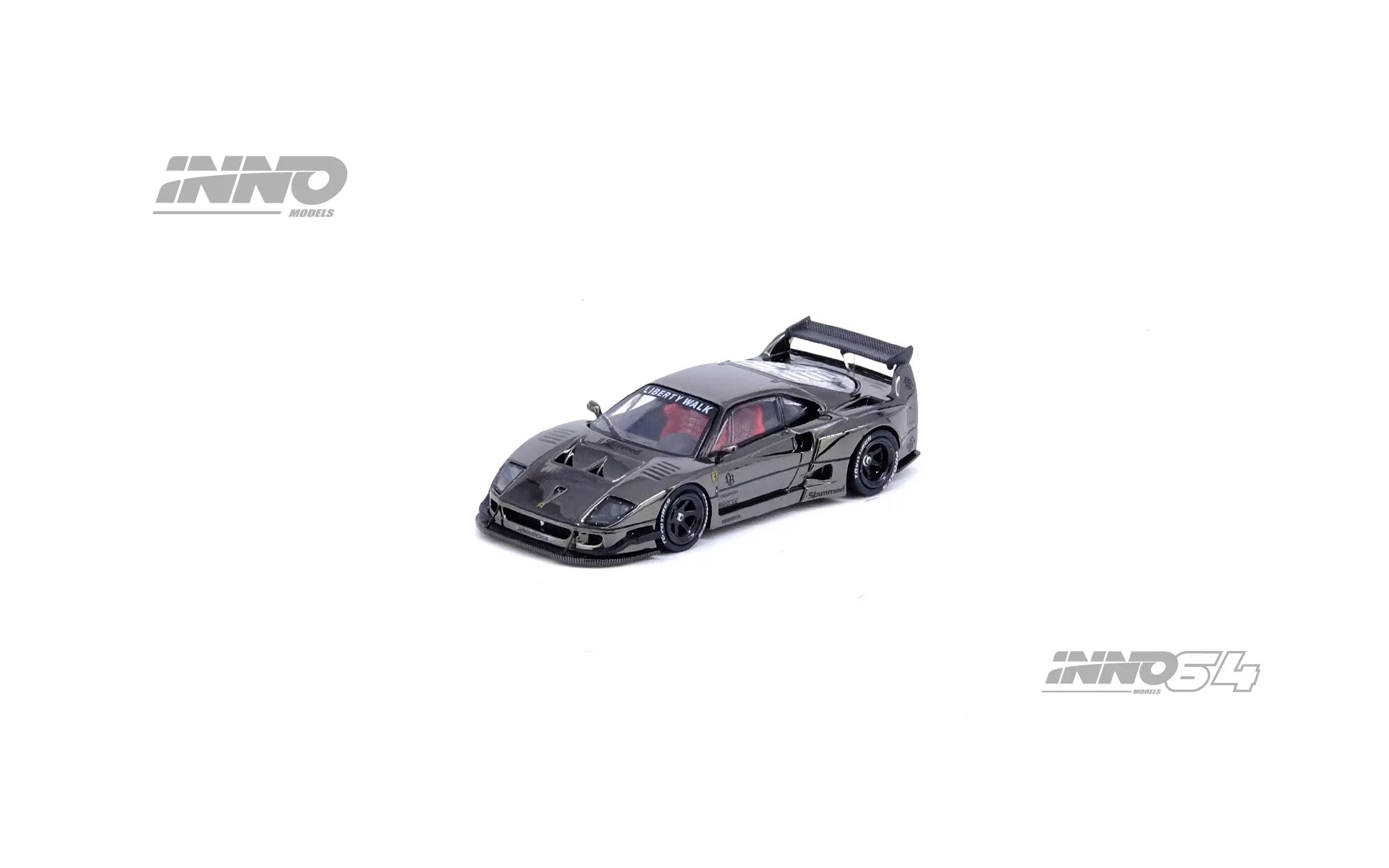 Front view of INNO64 Ferrari F40 LBWK Chrome Black 1:64 diecast model