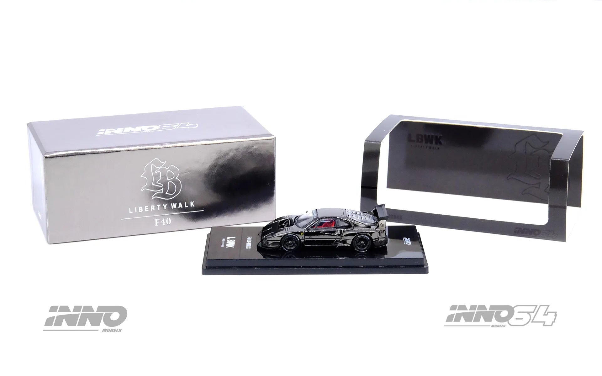 Display view of INNO64 F40 LBWK Chrome Black Edition diecast car