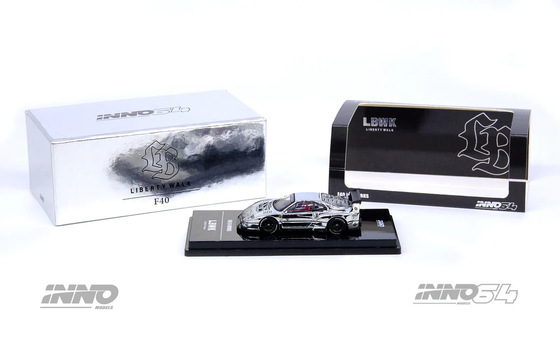 Display view of INNO64 LBWK Ferrari F40 Chrome Silver diecast 1:64 model