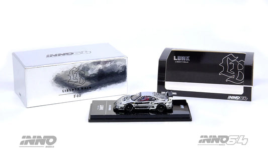 Display view of INNO64 LBWK Ferrari F40 Chrome Silver diecast 1:64 model