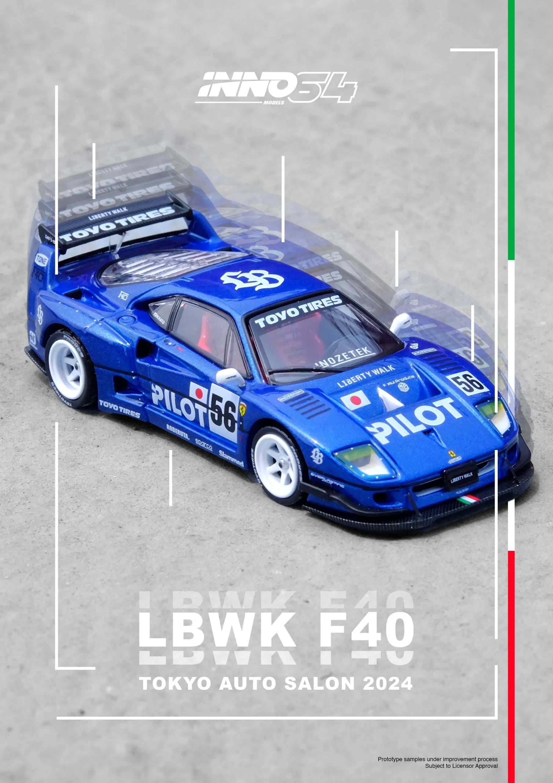 Display view of INNO64 Ferrari F40 Liberty Walk Tokyo Auto Salon 2024 diecast car