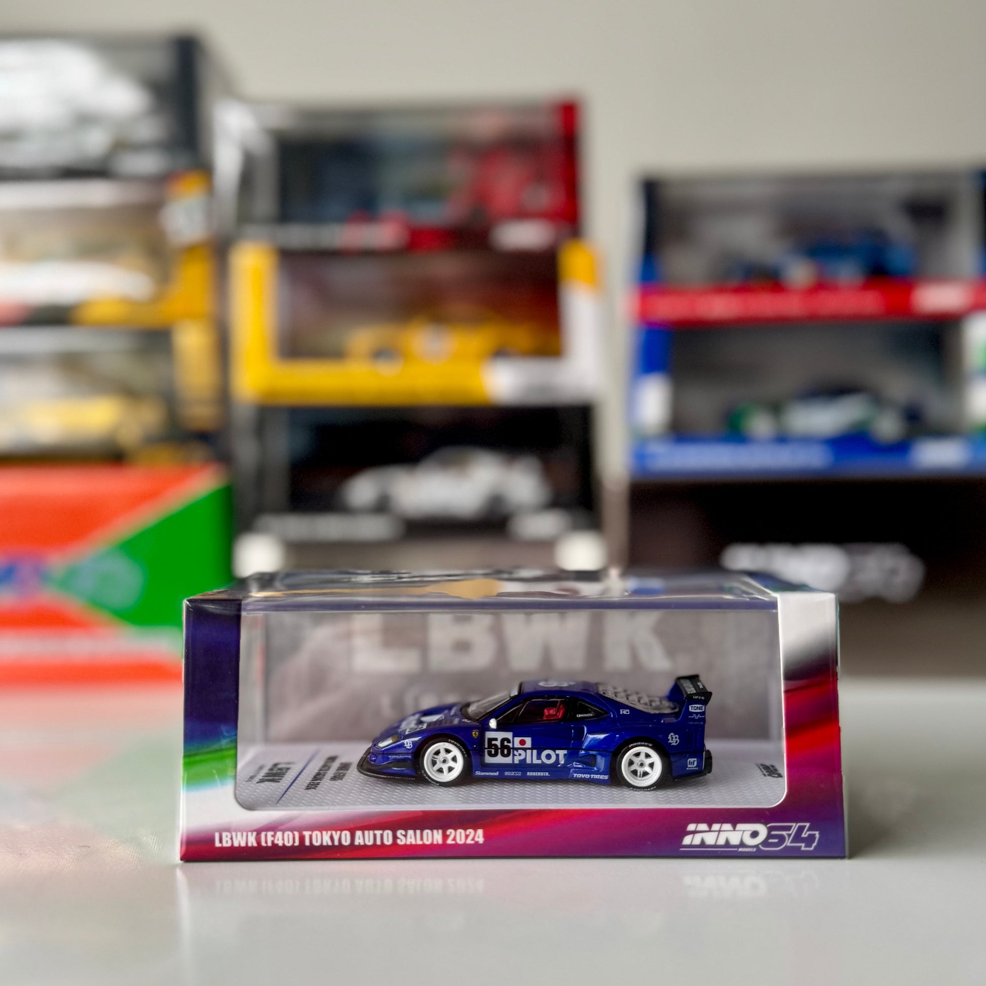 Front view of INNO64 Ferrari F40 LBWK Tokyo Auto Salon 2024 1:64 diecast model