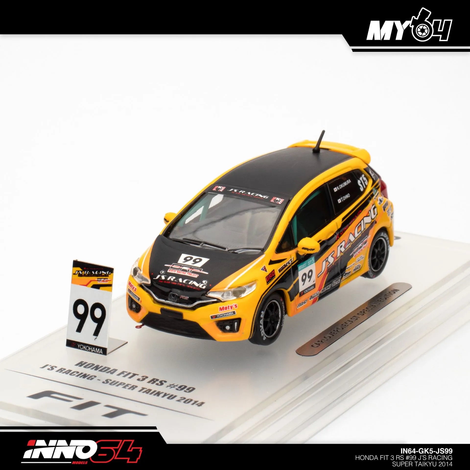 Display shot of INNO64 Honda Fit 3 RS #99 J’S Racing – 1:64 scale diecast model car